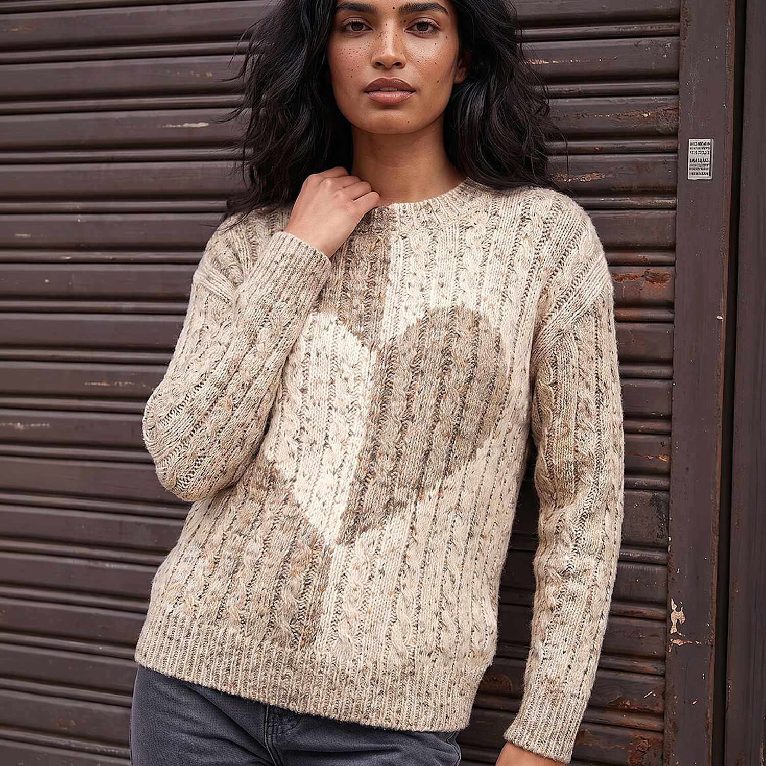 Roman Women's Cable Knit Colour Block Heart Jumper - 20 - Ivory Mix - Available at M&S