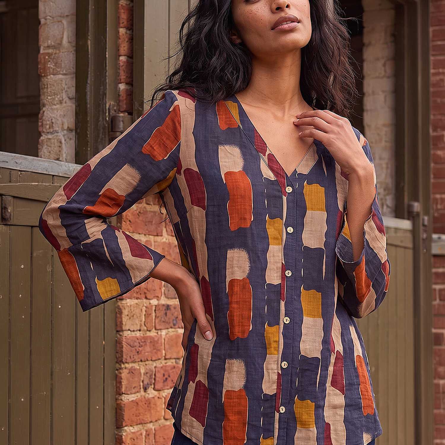 Roman Women's Cotton Rich Abstract Print V-Neck Blouse - 16 - Navy Mix - Available at M&S