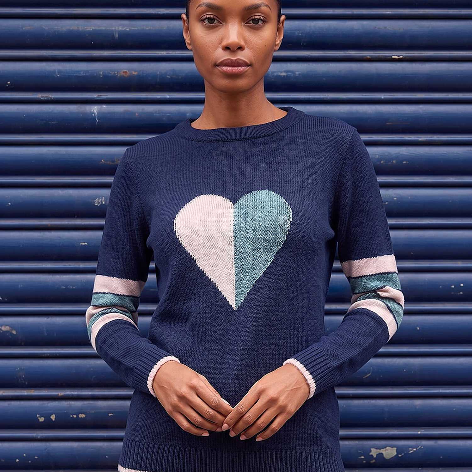 Roman Women's Intarsia Heart Stripe Sleeve Jumper - 18 - Blue Mix - Available at M&S
