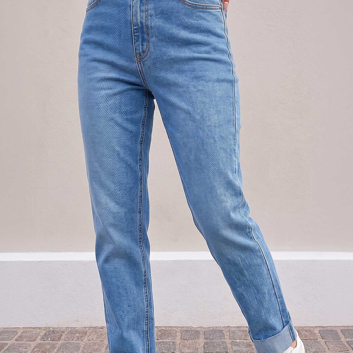 Roman Women's Petite Mid Rise Straight Leg Turn Up Jeans - 8 - Denim - Available at M&S