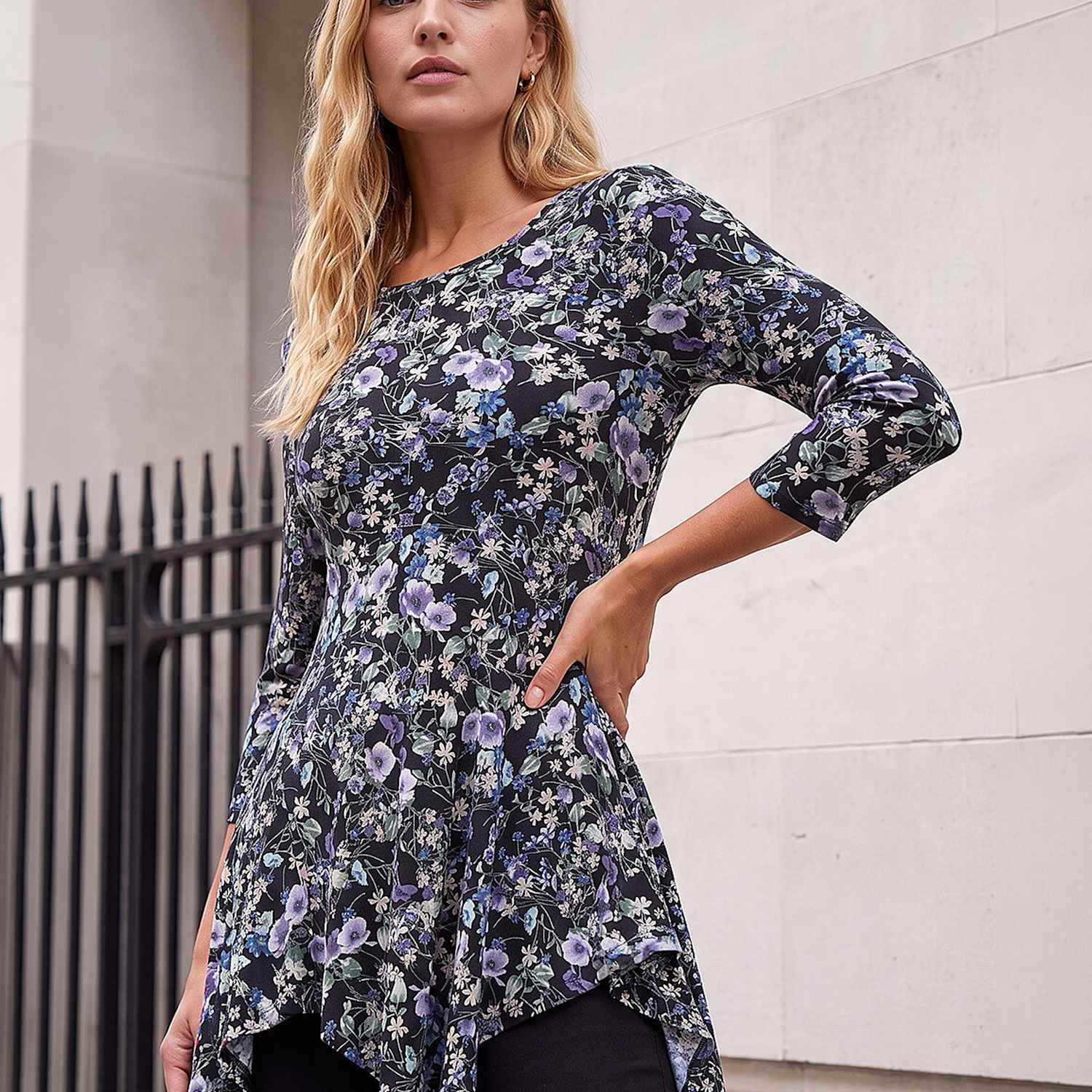 Roman Women's Stretch Jersey Floral Print Asymmetric Top - 20 - Purple Mix - Available at M&S