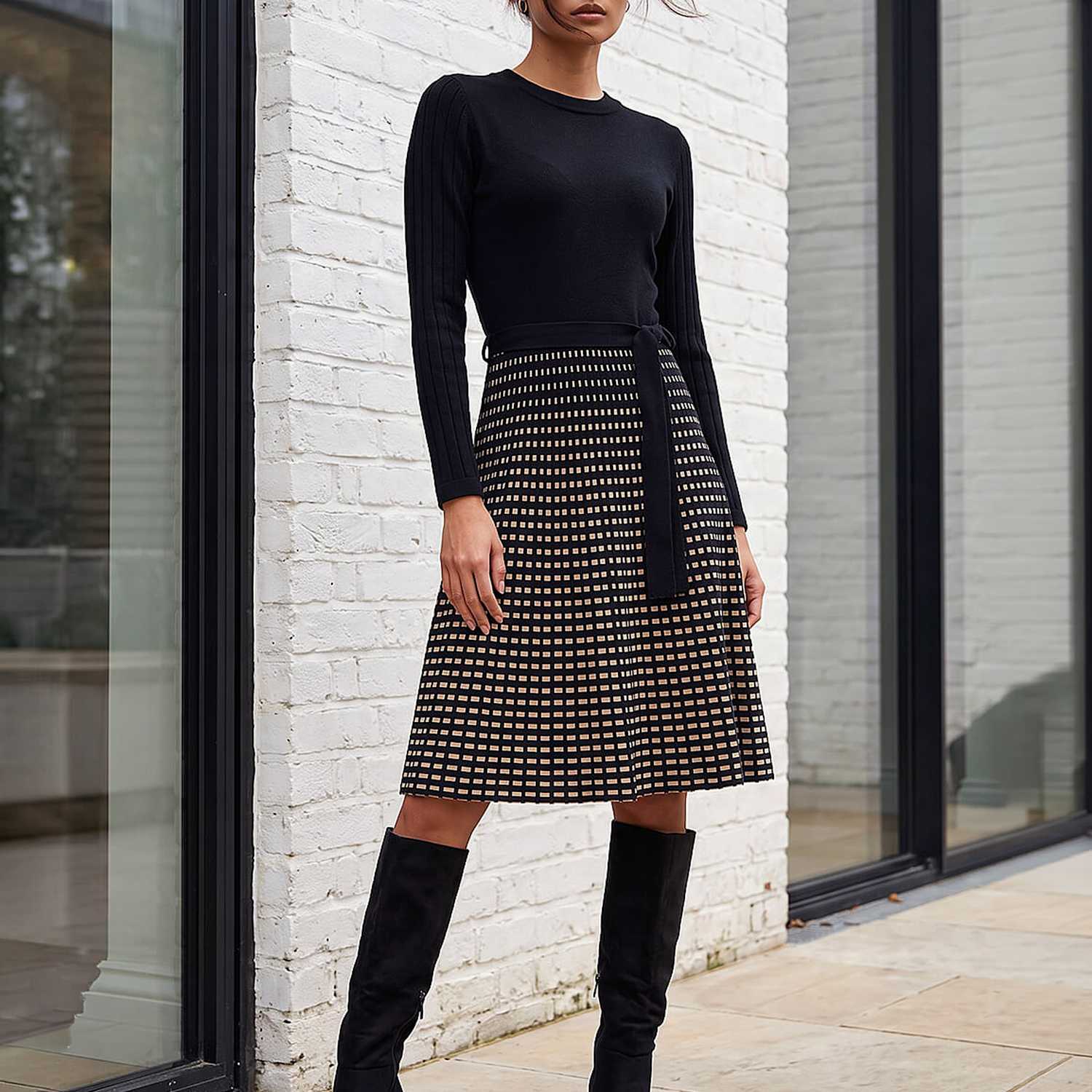 Roman Women's Checked Belted Knee Length Jumper Dress - 14 - Black - Available at M&S