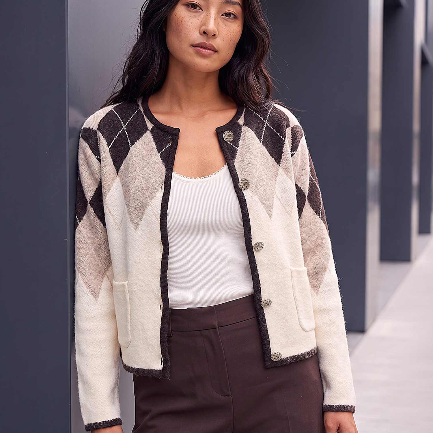 Roman Women's Petite Argyle Knitted Button Front Cardigan - 18 - Natural Mix - Available at M&S
