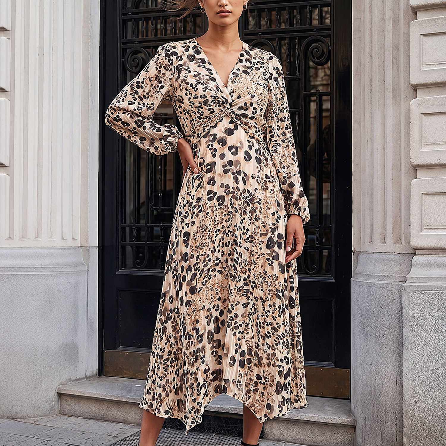 Roman Women's Animal Print Twist Front Midi Skater Dress - 18 - Natural Mix - Available at M&S
