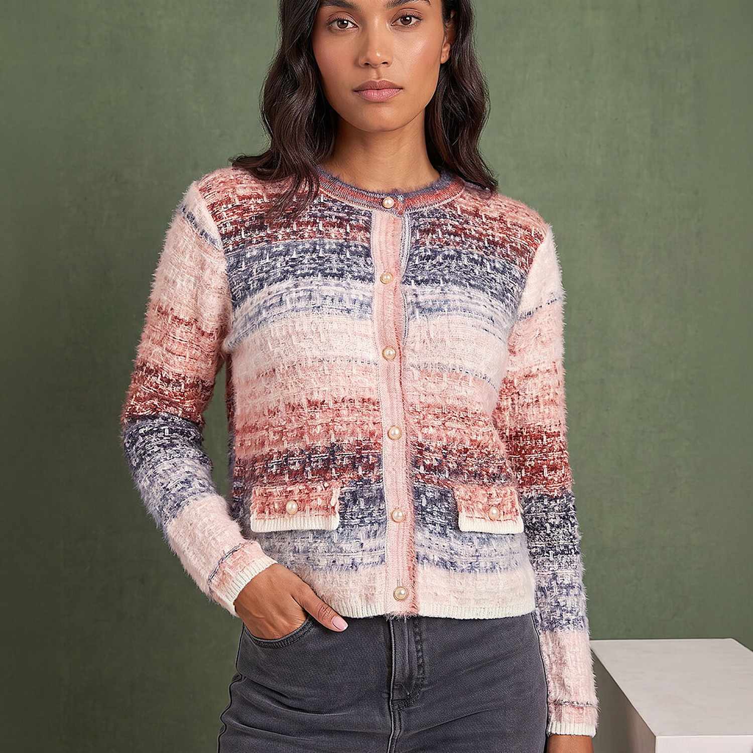 Roman Women's Fluffy Ombre Knit Button Detail Cardigan - 16 - Blue Mix - Available at M&S