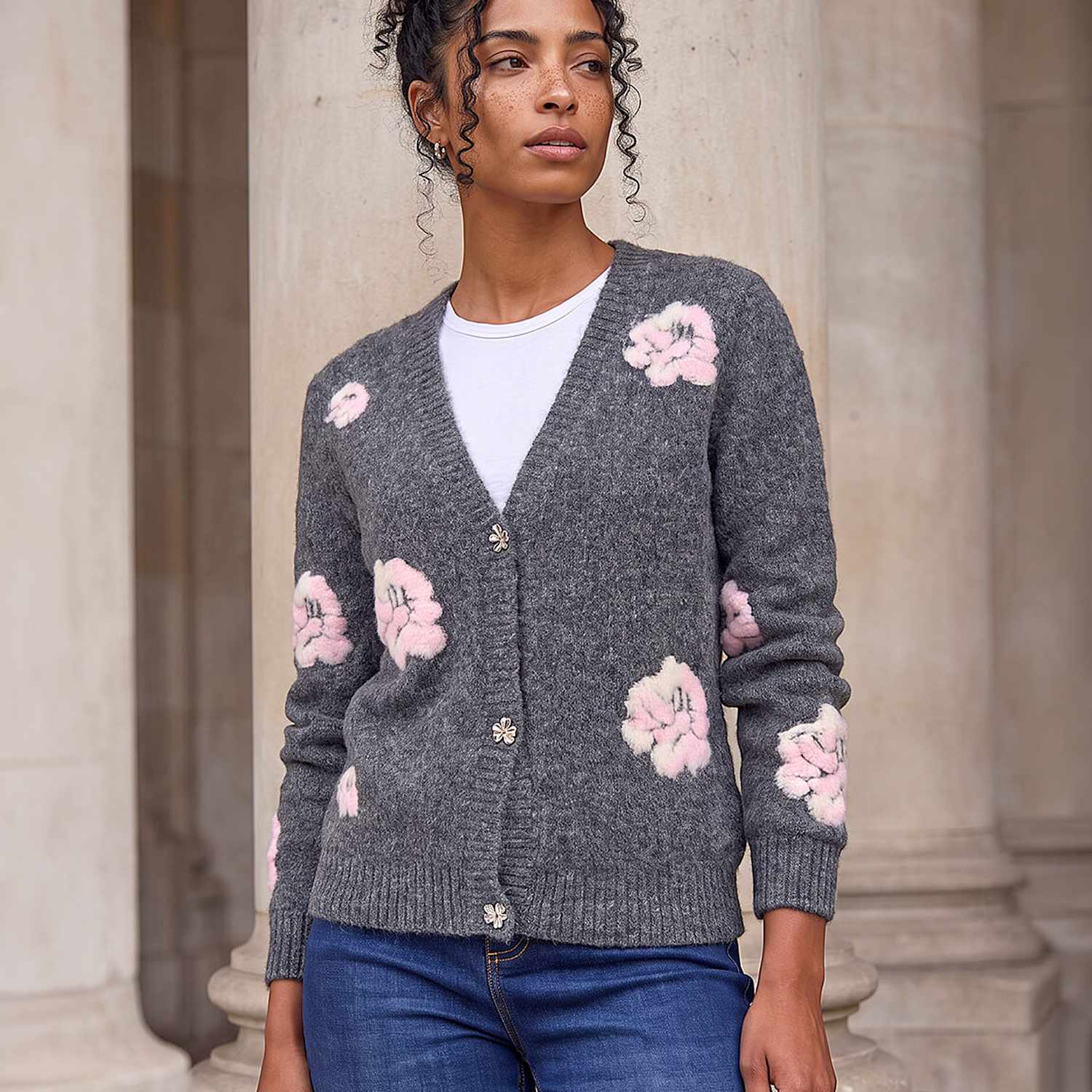 Roman Women's Embossed Floral Knitted Button Front Cardigan - 20 - Grey Mix - Available at M&S