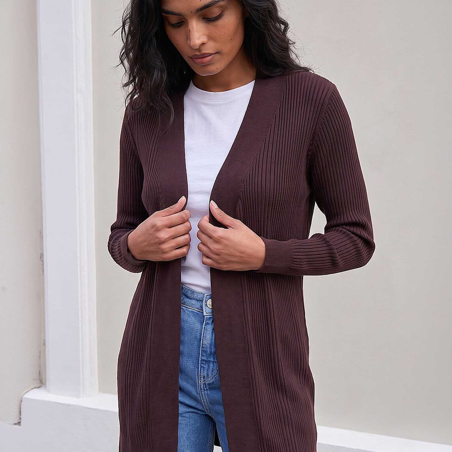 Roman Women's Ribbed Knitted Edge to Edge Cardigan - 18 - Chocolate - Available at M&S