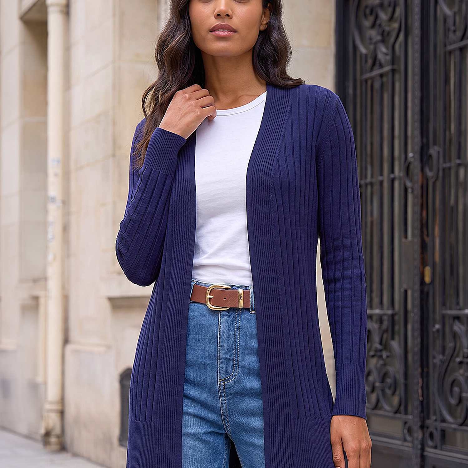 Roman Women's Ribbed Edge to Edge Longline Cardigan - 14 - Dark Blue - Available at M&S