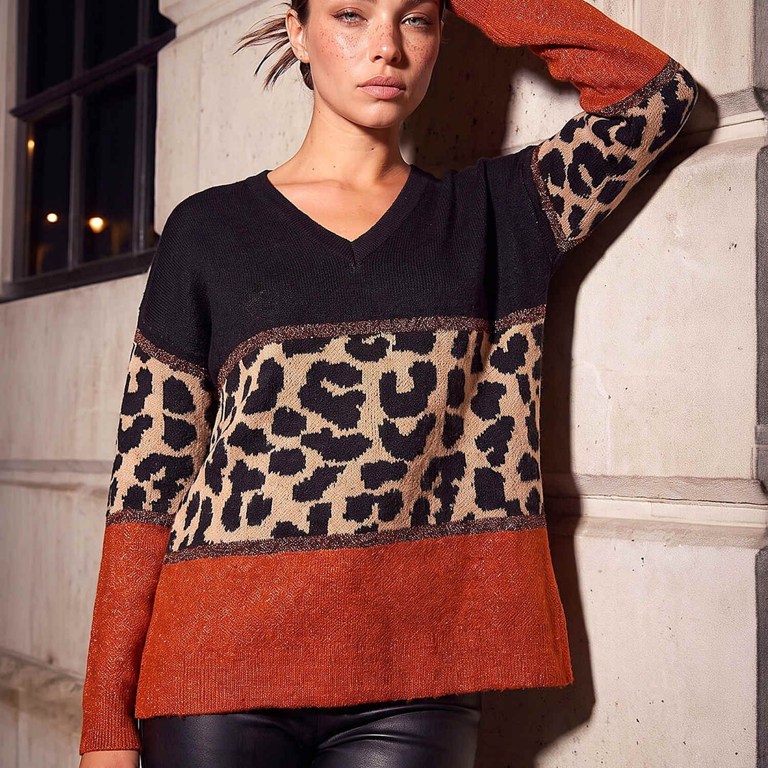 Roman Women's Petite Animal Print Colour Block V-Neck Jumper - 14 - Orange Mix - Available at M&S
