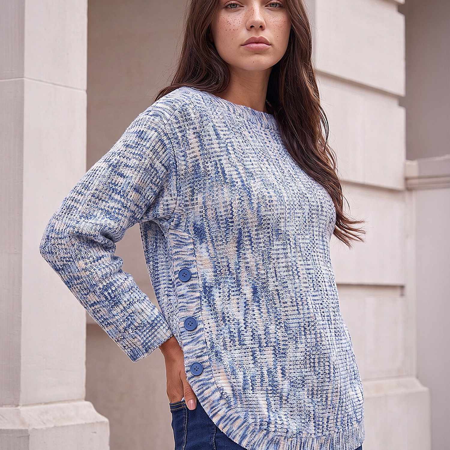 Roman Women's Petite Button Detail Curve Hem Jumper - 10 - Blue Mix - Available at M&S