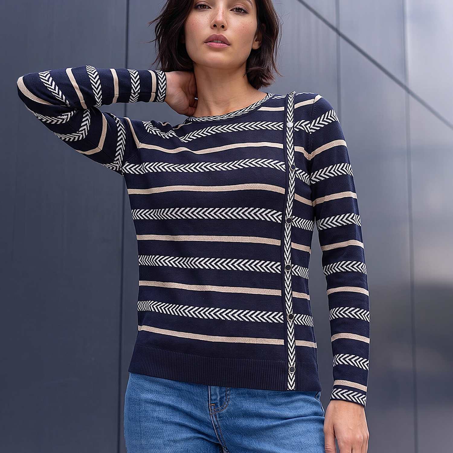 Roman Women's Petite Striped Round Neck Button Detail Jumper - 16 - Navy Mix - Available at M&S