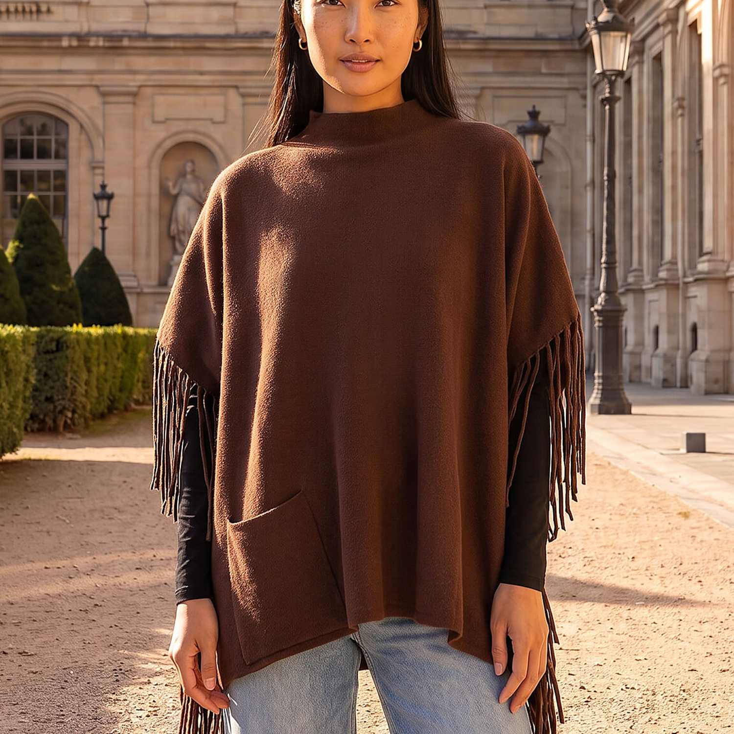 Roman Women's Fringe Hem Knitted Poncho - Small - Chocolate - Available at M&S