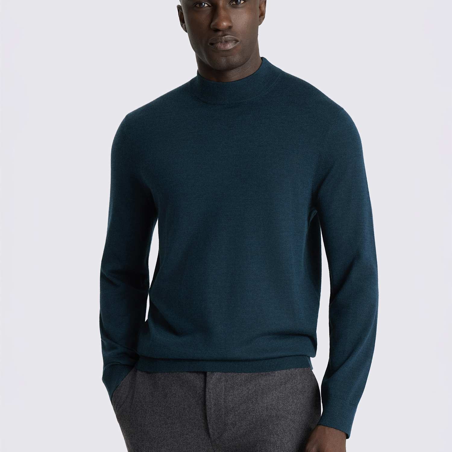 Moss Men's Merino Wool Rich Mock Neck Jumper - L - Dark Teal - Available at M&S