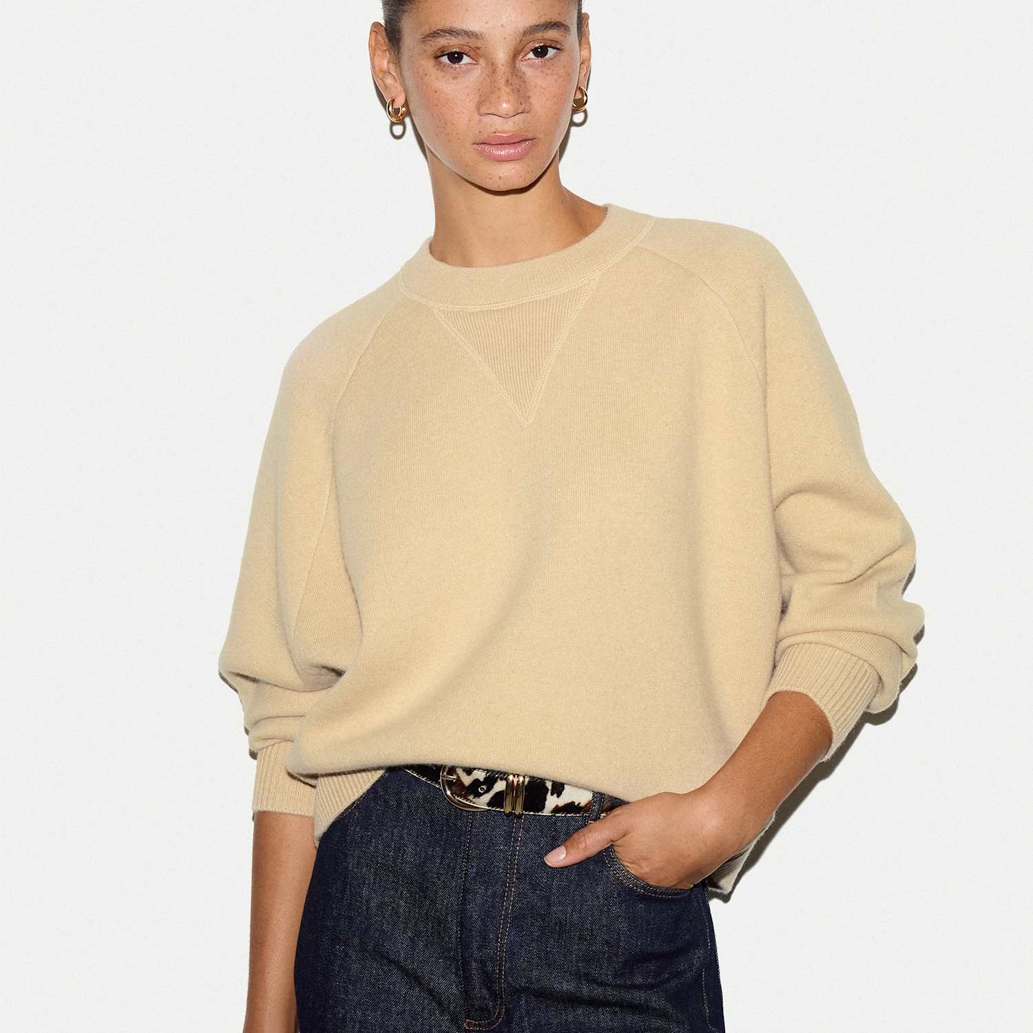 Jigsaw Women's Wool Rich Round Neck Sweatshirt with Cashmere - Medium - Cream - Available at M&S