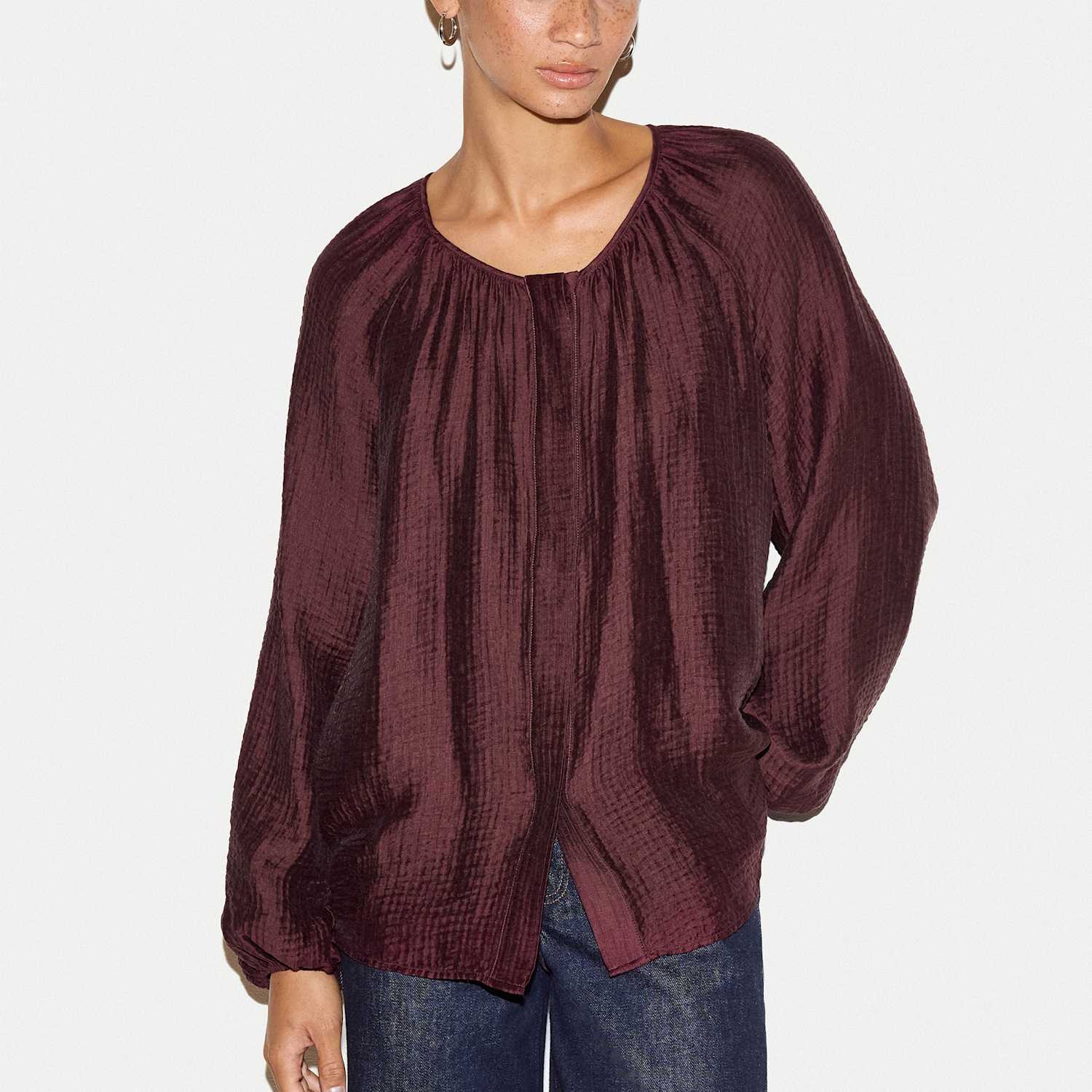 Jigsaw Women's Textured Round Neck Regular Fit Top - 12 - Burgundy - Available at M&S