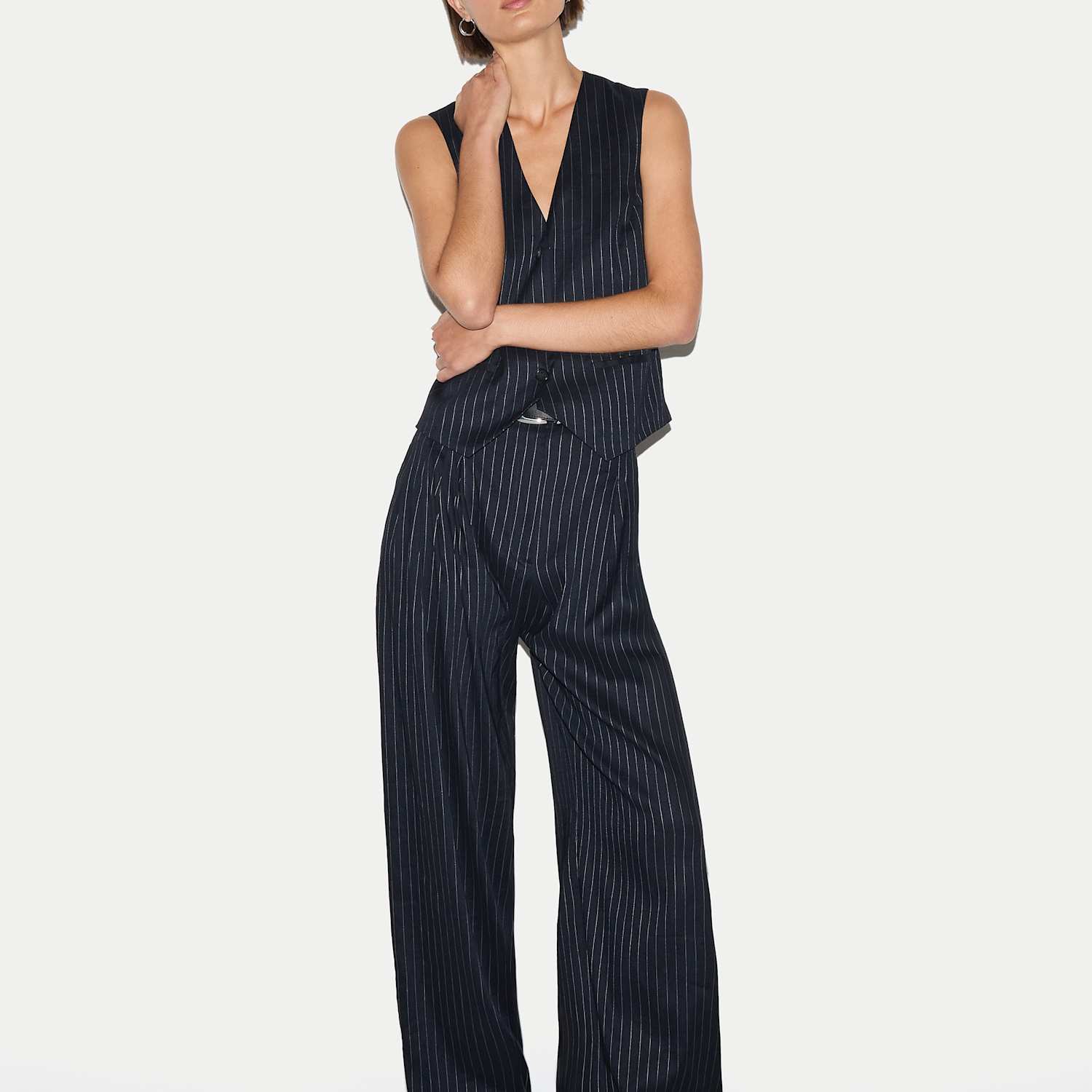 Jigsaw Women's Linen Blend Pinstripe Pleat Front Wide Leg Trousers - 12 - Navy Mix - Available at M&S
