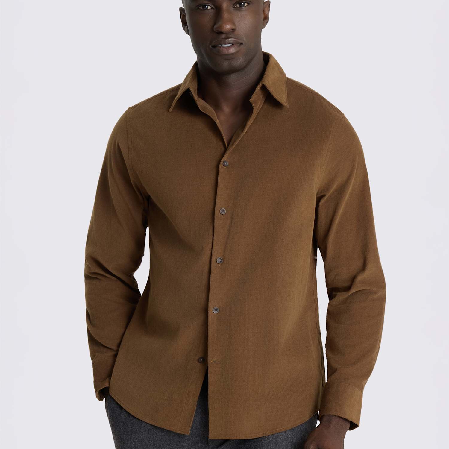 Moss Men's Button Down Cord Shirt - XS - Medium Brown - Available at M&S