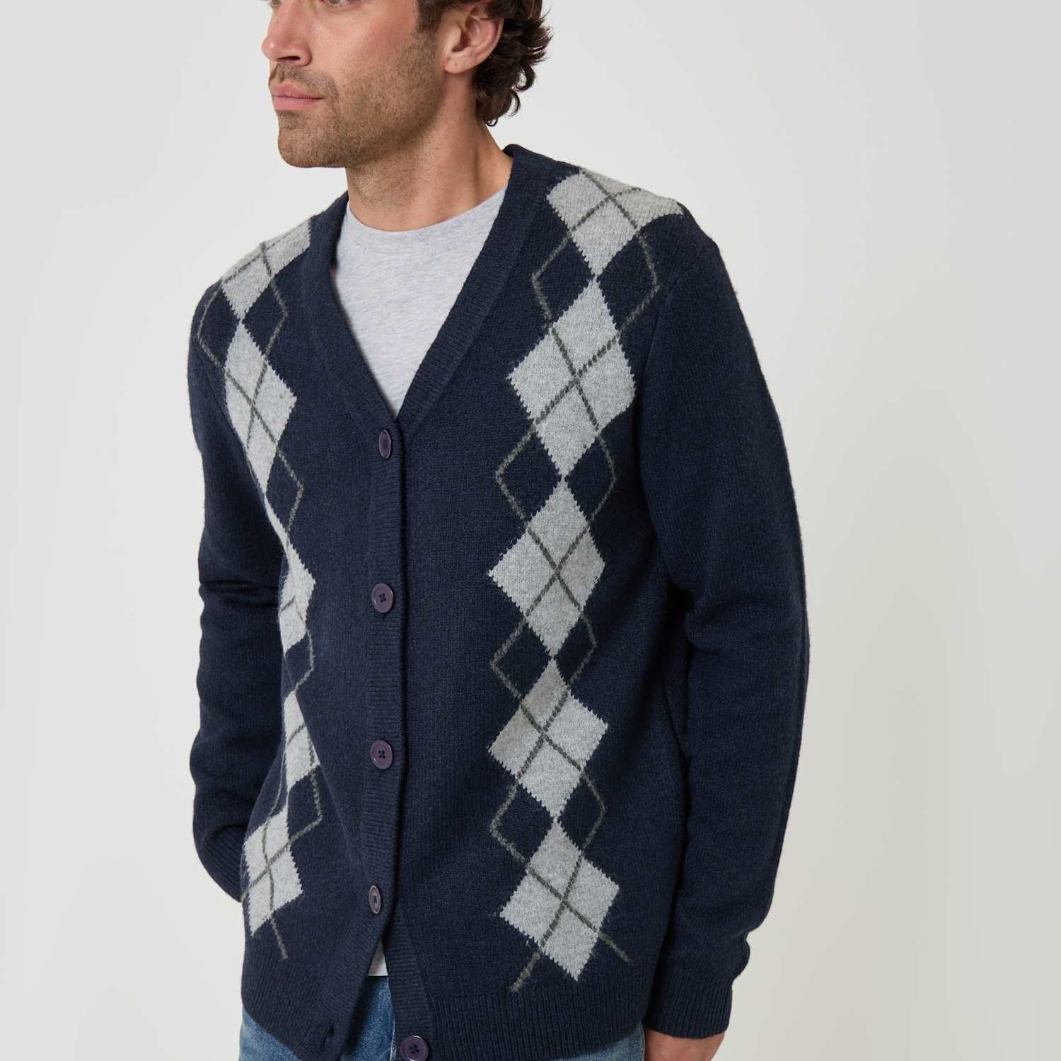 Threadbare Men's Argyle V-Neck Cardigan - XL - Navy Mix - Available at M&S