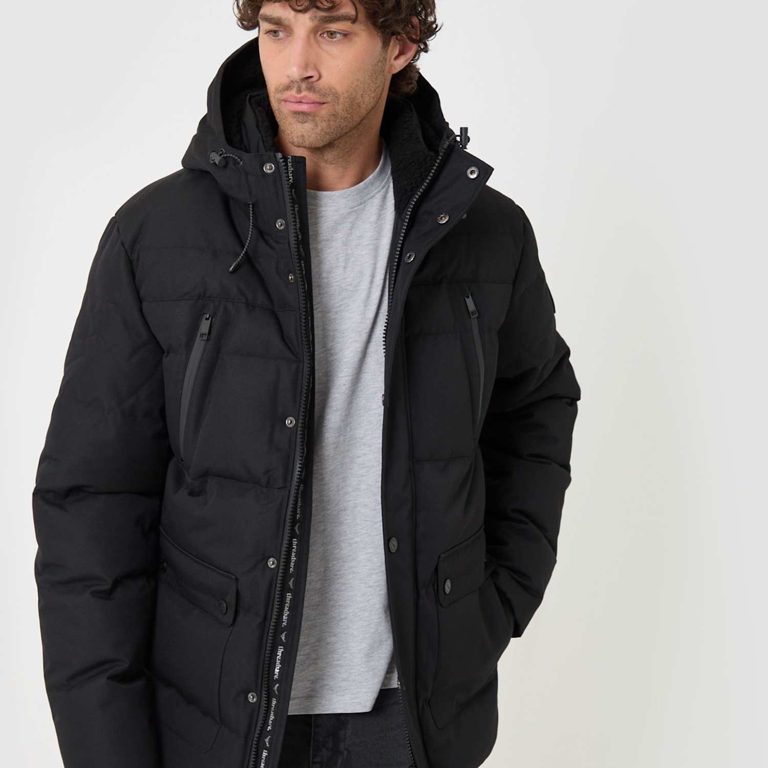 Threadbare Men's Showerproof Borg Lined Hooded Puffer Jacket - 2XL - Black - Available at M&S