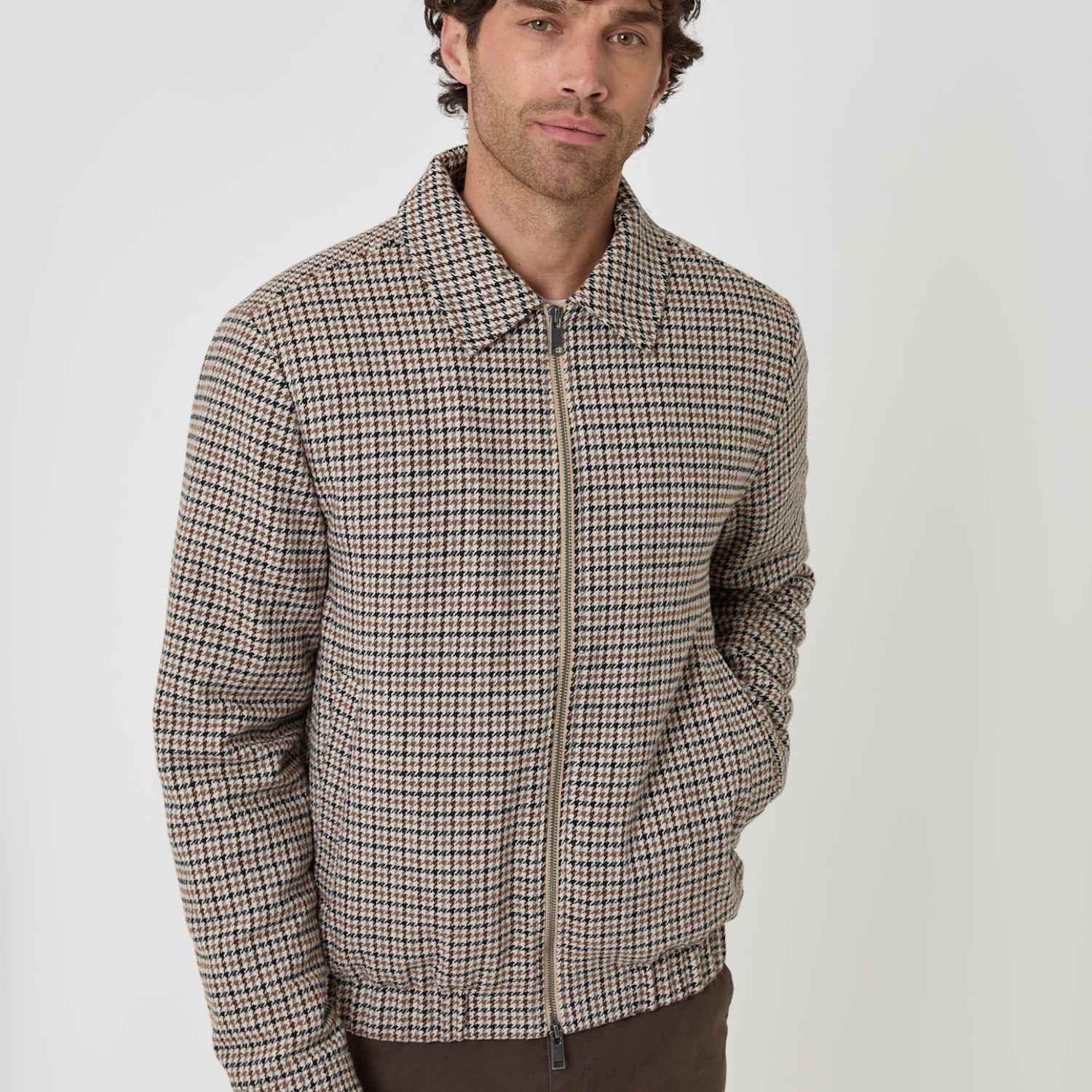 Threadbare Men's Houndstooth Collared Harrington Jacket - XL - Brown Mix - Available at M&S