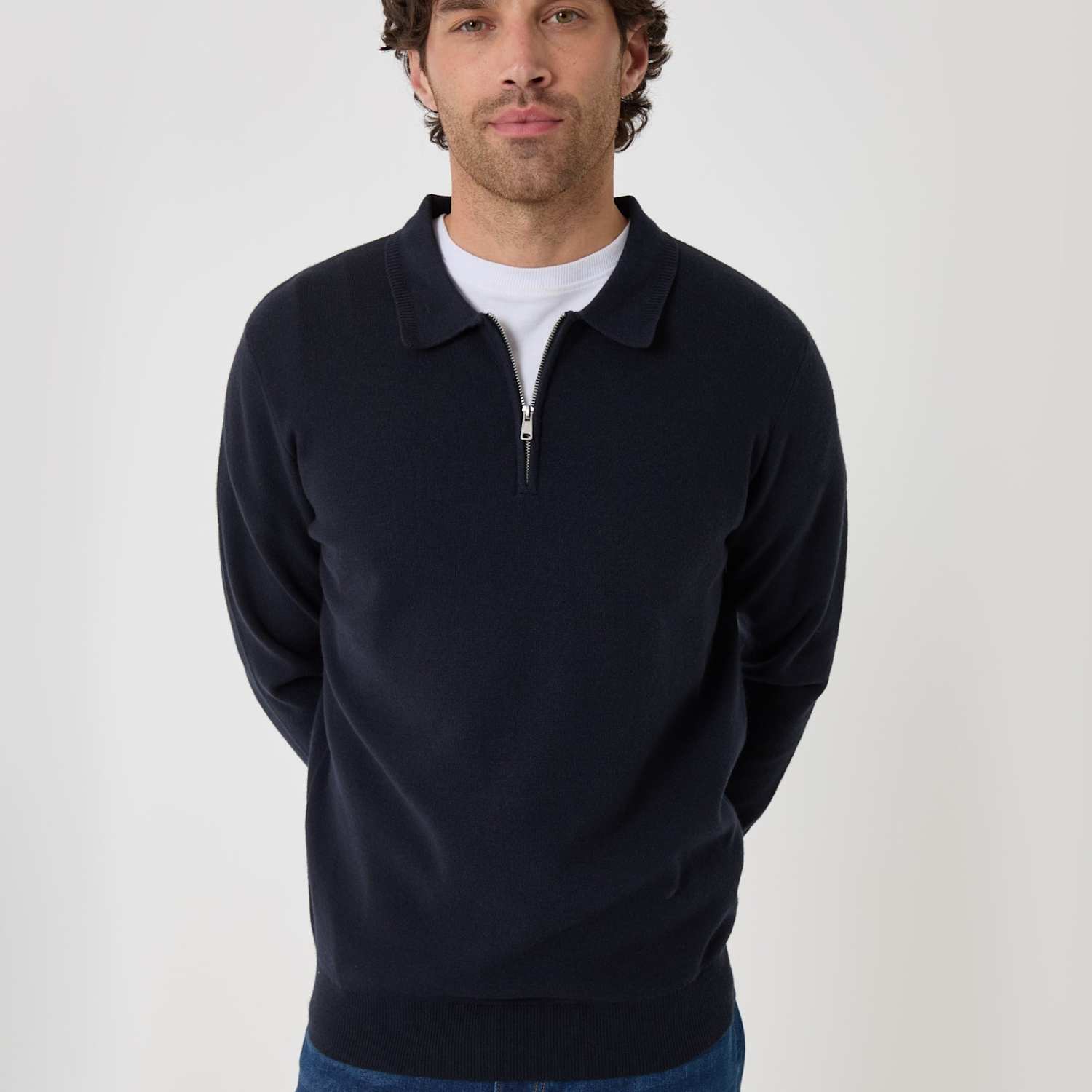 Threadbare Men's Boxy Fit Quarter Zip Polo Sweatshirt - M - Navy - Available at M&S