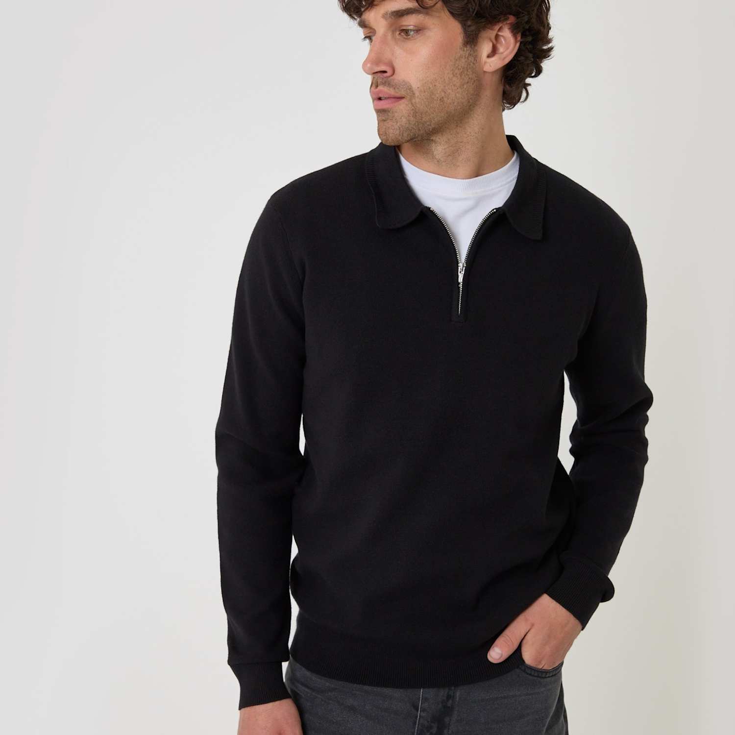 Threadbare Men's Boxy Fit Quarter Zip Polo Sweatshirt - L - Black - Available at M&S