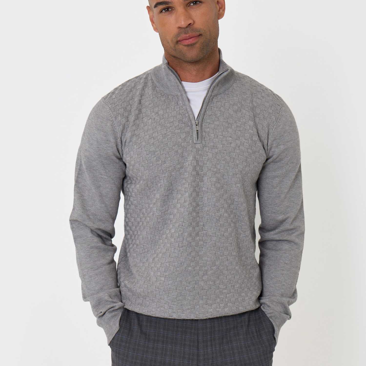 Threadbare Men's Basket Stitch Quarter Zip Jumper - XL - Grey - Available at M&S