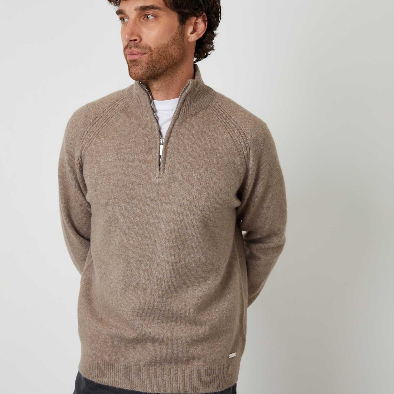 Threadbare Men's Raglan Rib Quarter Zip Knitted Jumper - 2XL - Taupe - Available at M&S