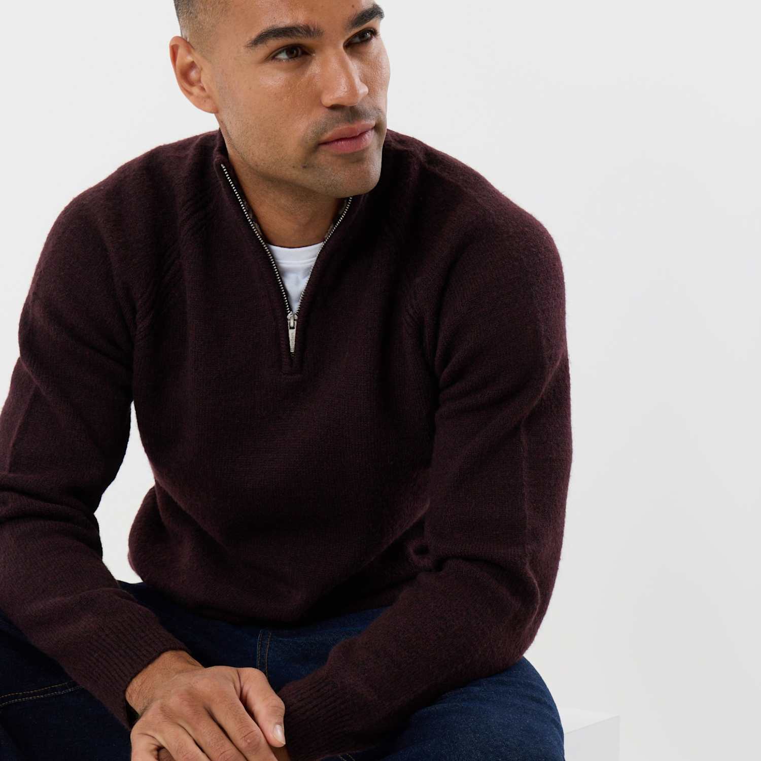 Threadbare Men's Raglan Rib Quarter Zip Knitted Jumper - M - Burgundy - Available at M&S