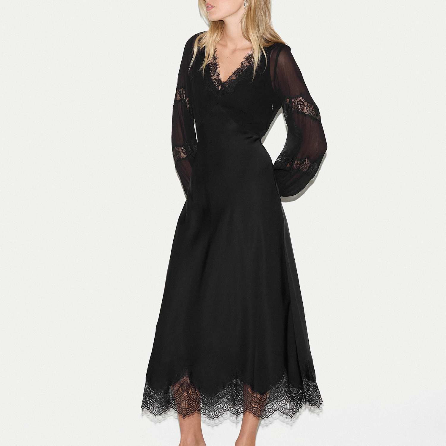 Jigsaw Women's Satin Lace Trim Midi Dress - 10 - Black - Available at M&S