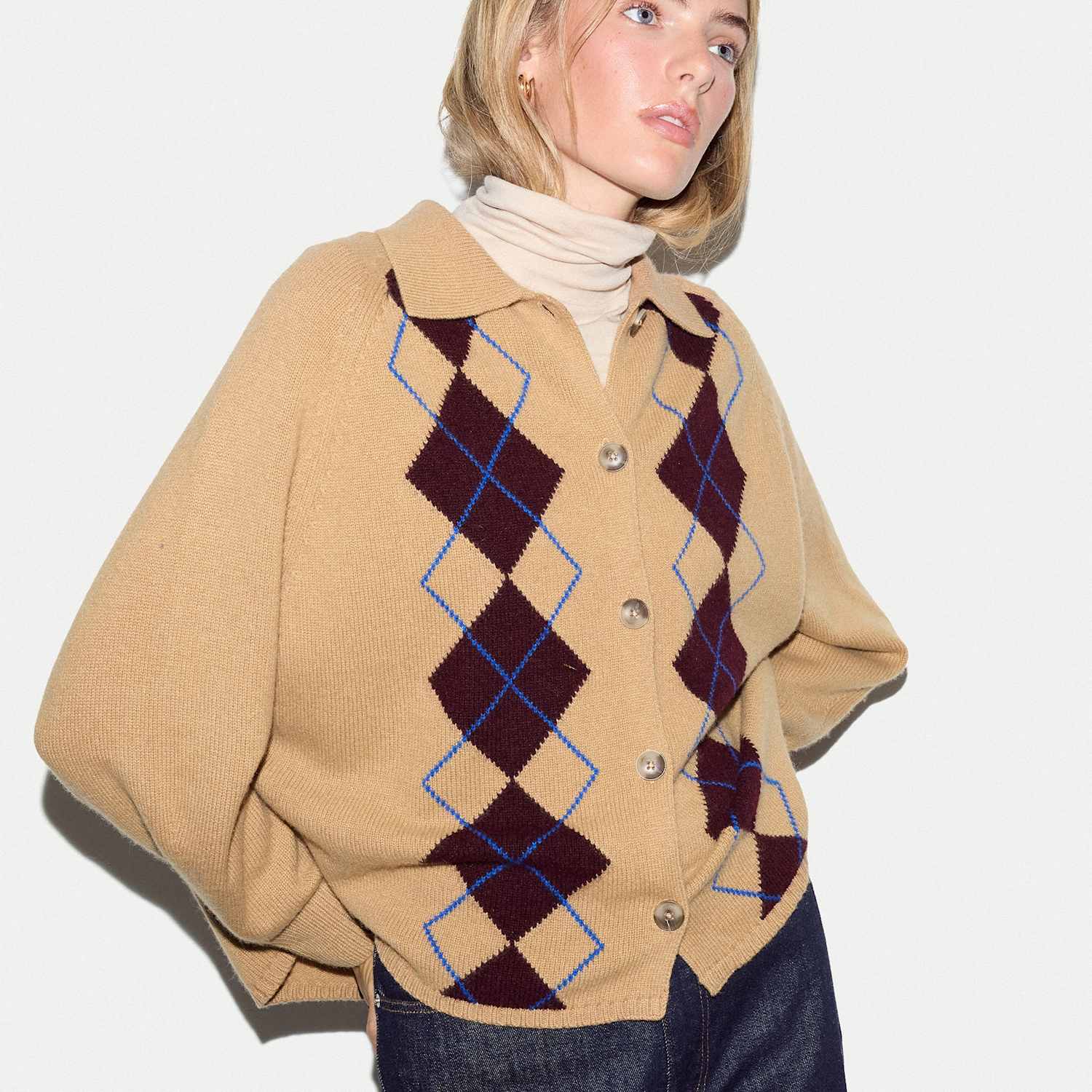 Jigsaw Women's Wool Rich Argyle Collared Cardigan - Small - Camel Mix - Available at M&S