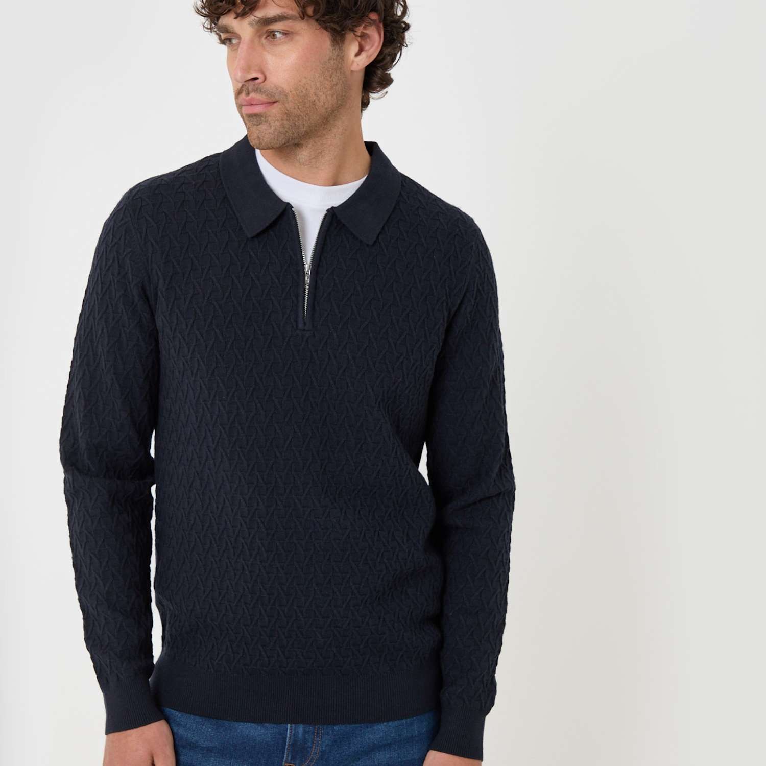 Threadbare Men's Textured Cable Knit Quarter Zip Polo - M - Navy - Available at M&S