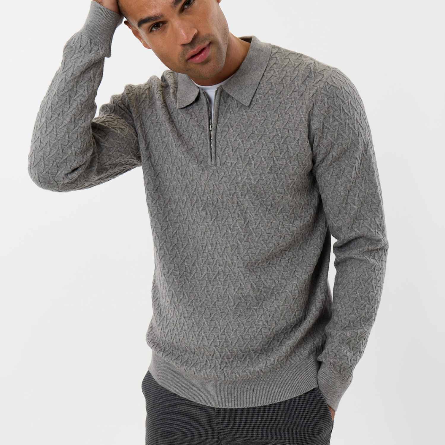Threadbare Men's Textured Cable Knit Quarter Zip Polo - M - Grey Marl - Available at M&S