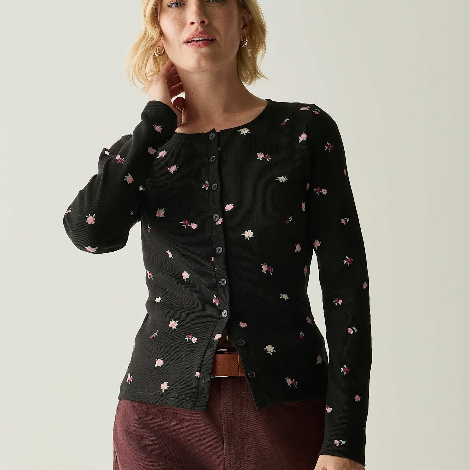 Regatta Women's Cotton Rich Ribbed Button Detail Fitted Top - 16 - Black Mix - Available at M&S