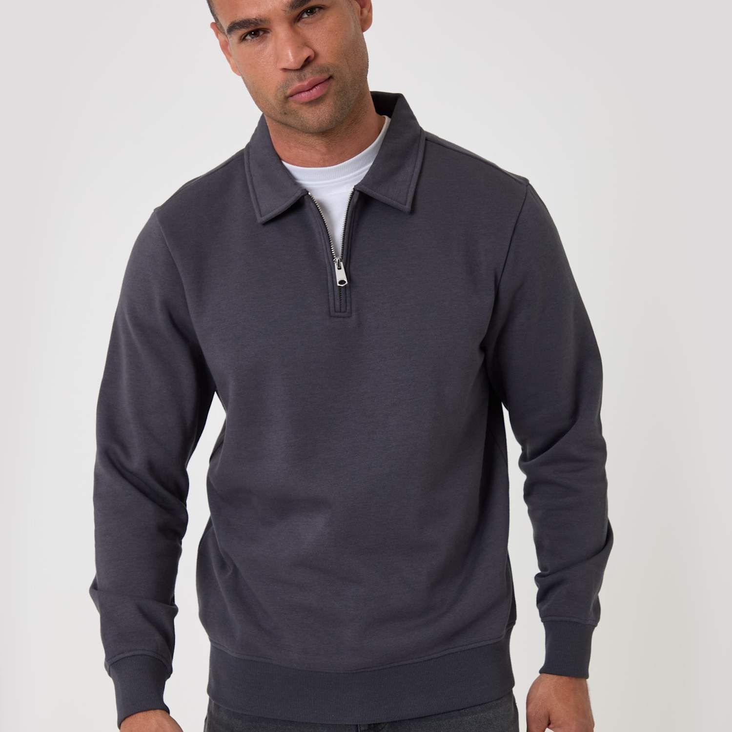 Threadbare Men's Cotton Rich Quarter Zip Polo Sweatshirt - M - Charcoal - Available at M&S