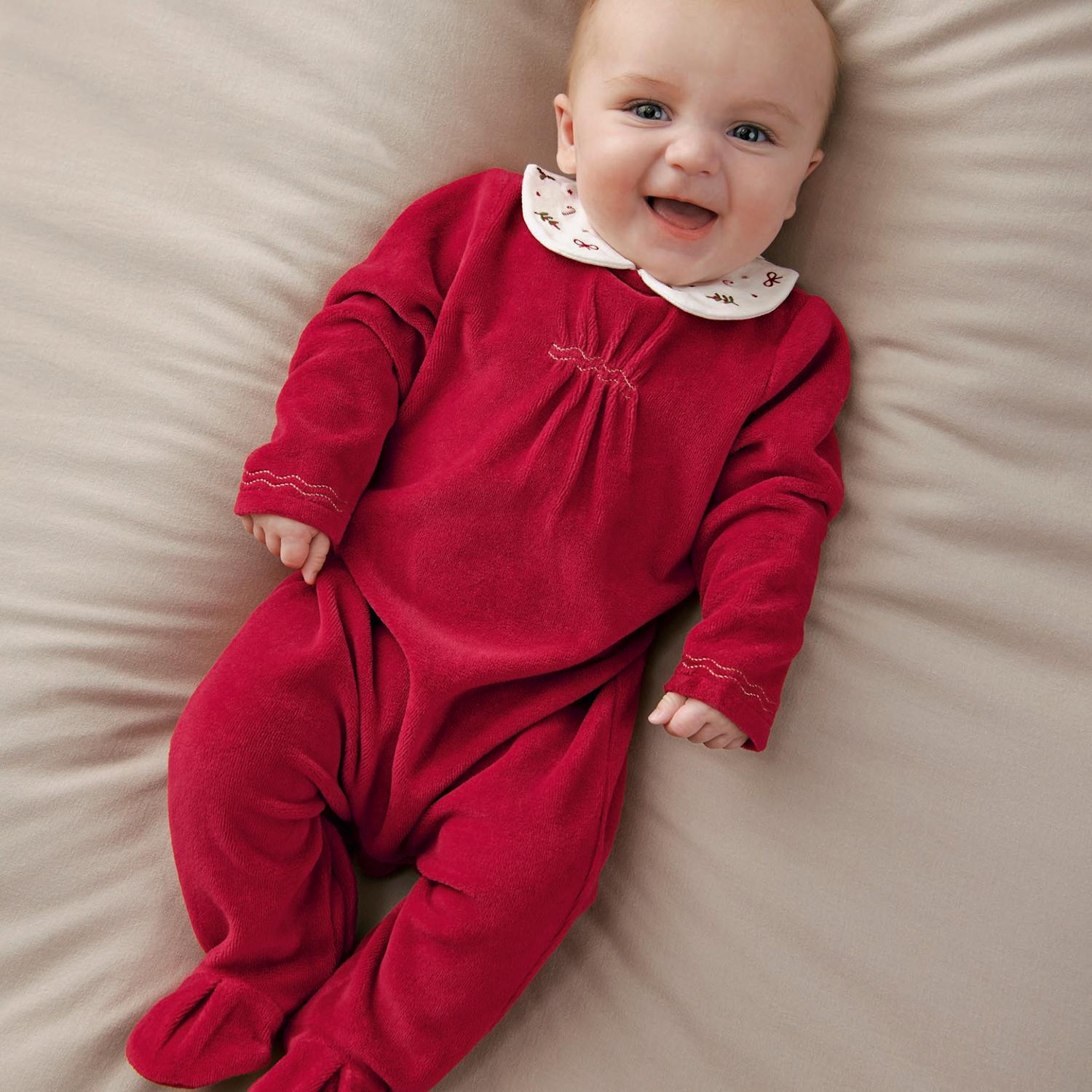 Mamas & Papas Kids Velour Embroidered Christmas Sleepsuit - Tiny - Available at M&S