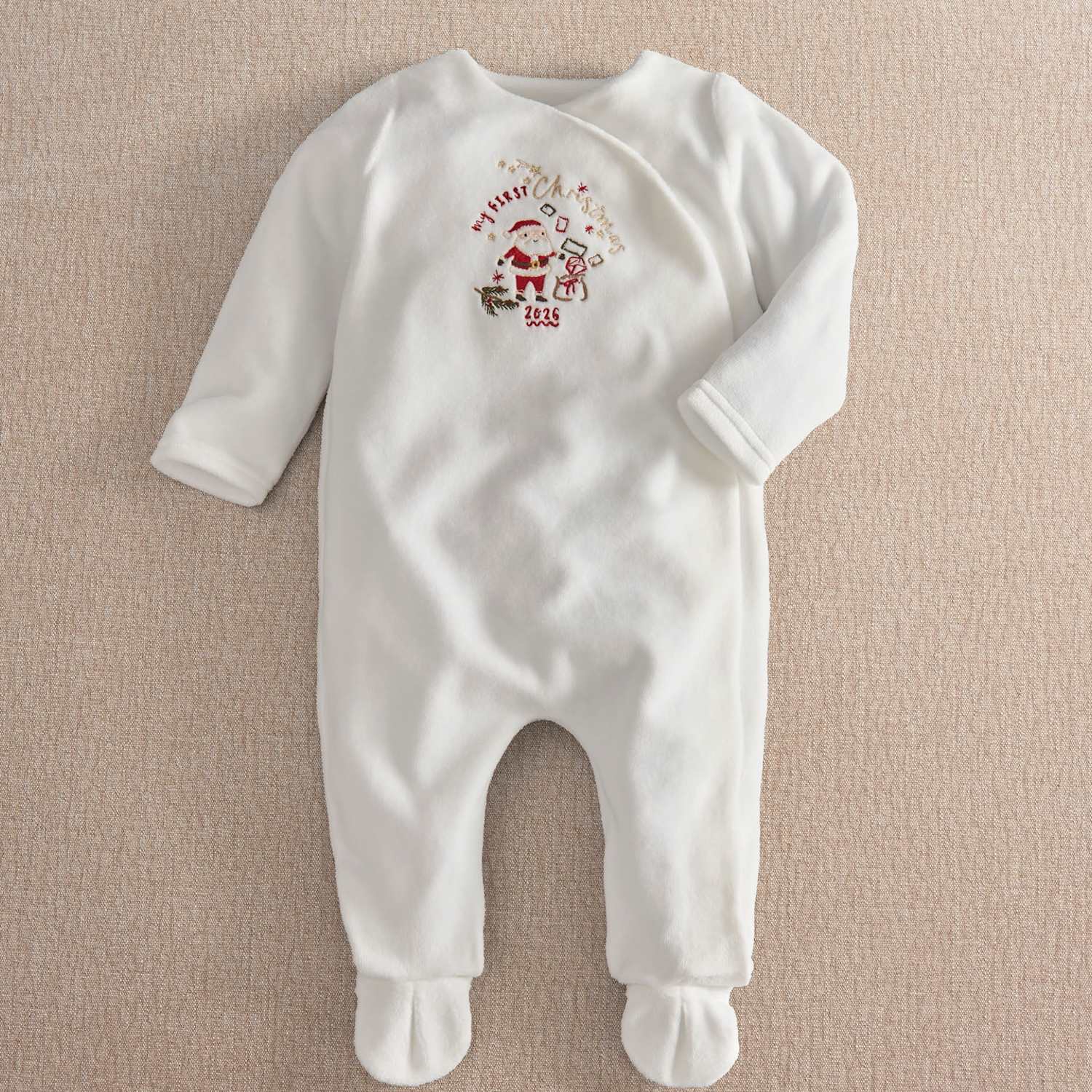 Mamas & Papas Kids My First Christmas 2026 Velour Sleepsuit - 3-6 Months - White - Available at M&S