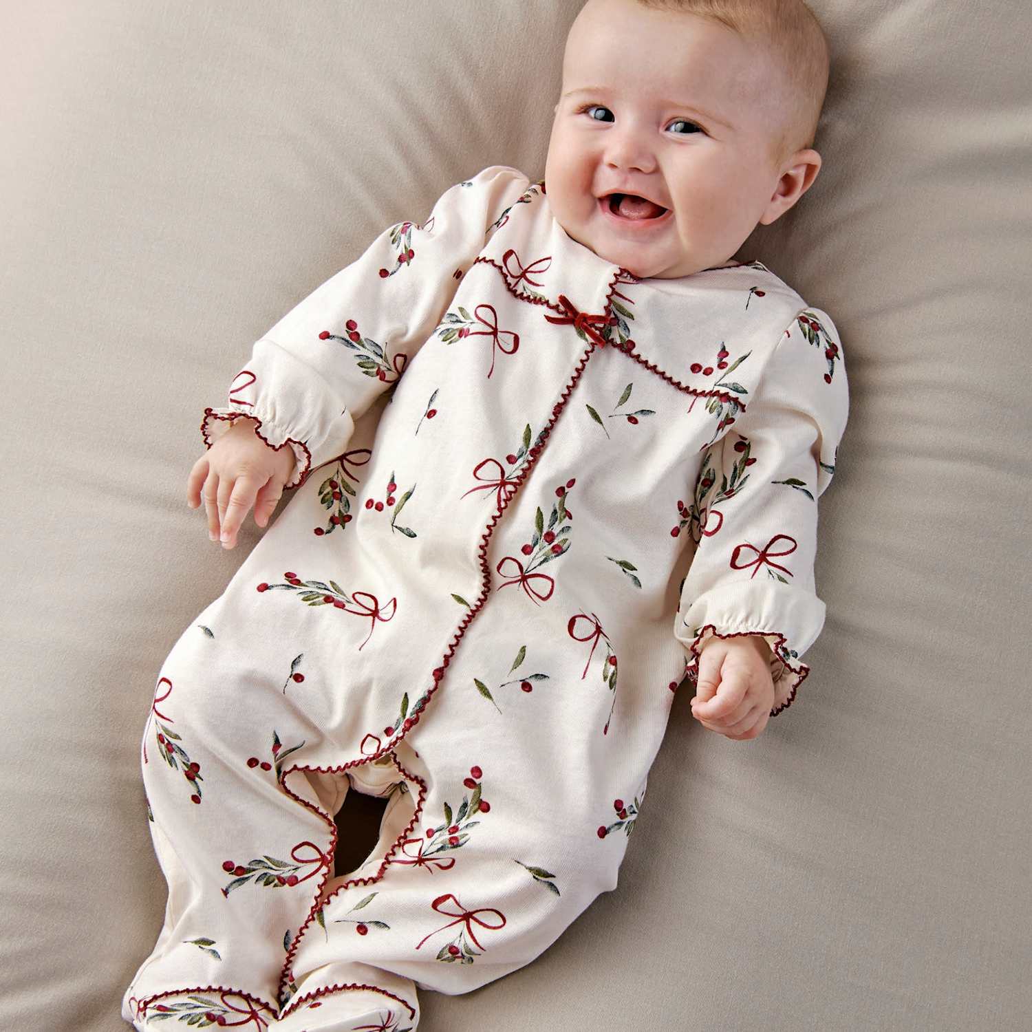 Mamas & Papas Girls Bow Print Christmas Sleepsuit - 0-3 Months - White - Available at M&S