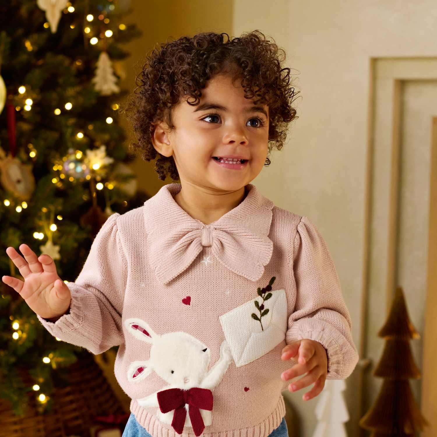 Mamas & Papas Girls Christmas Bunny Knitted Jumper (0-3 Yrs) - 6-9 Months - Pink - Available at M&S