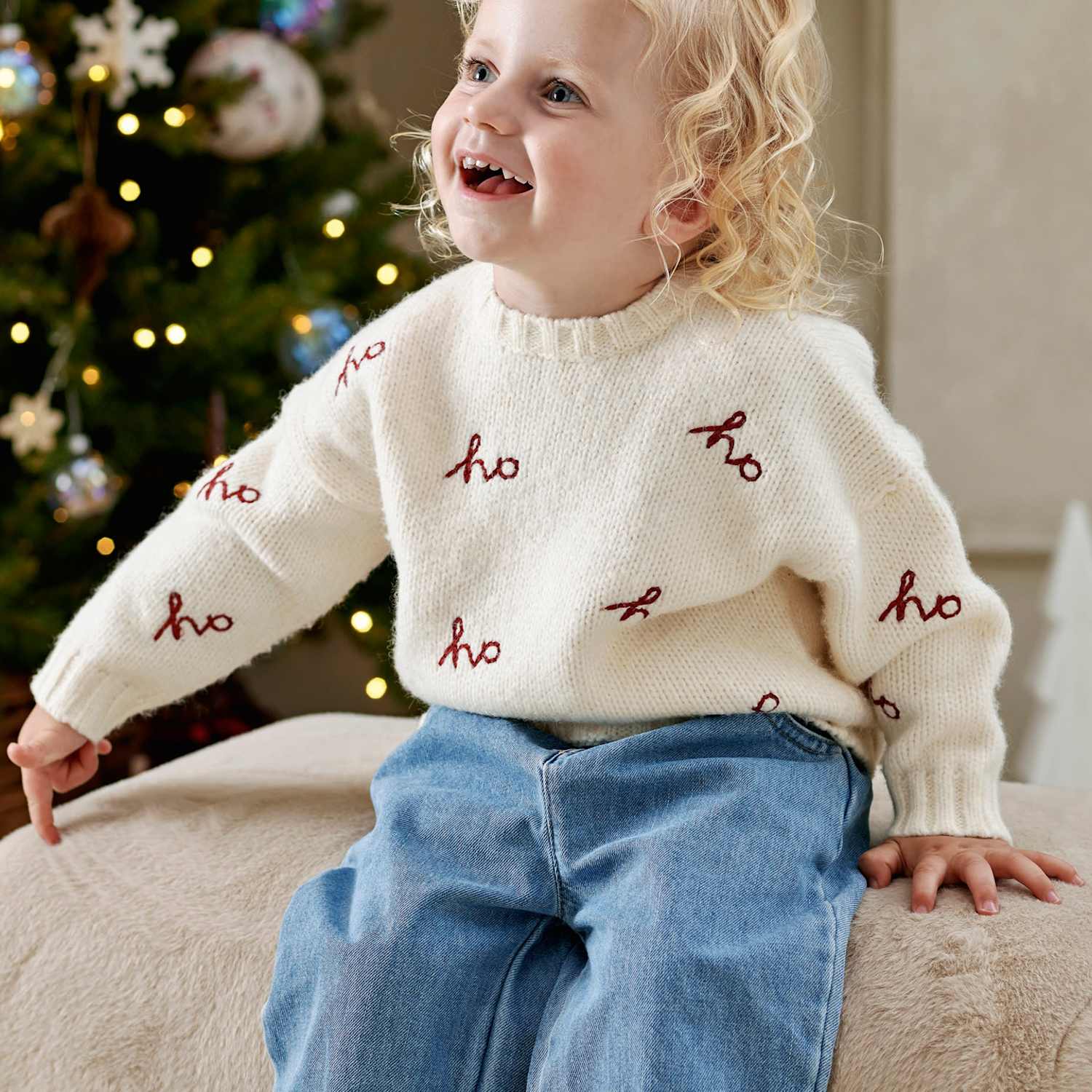 Mamas & Papas Kids Pure Cotton Ho Ho Ho Christmas Jumper (0-3 Yrs) - 12-18 Months - Cream - Available at M&S