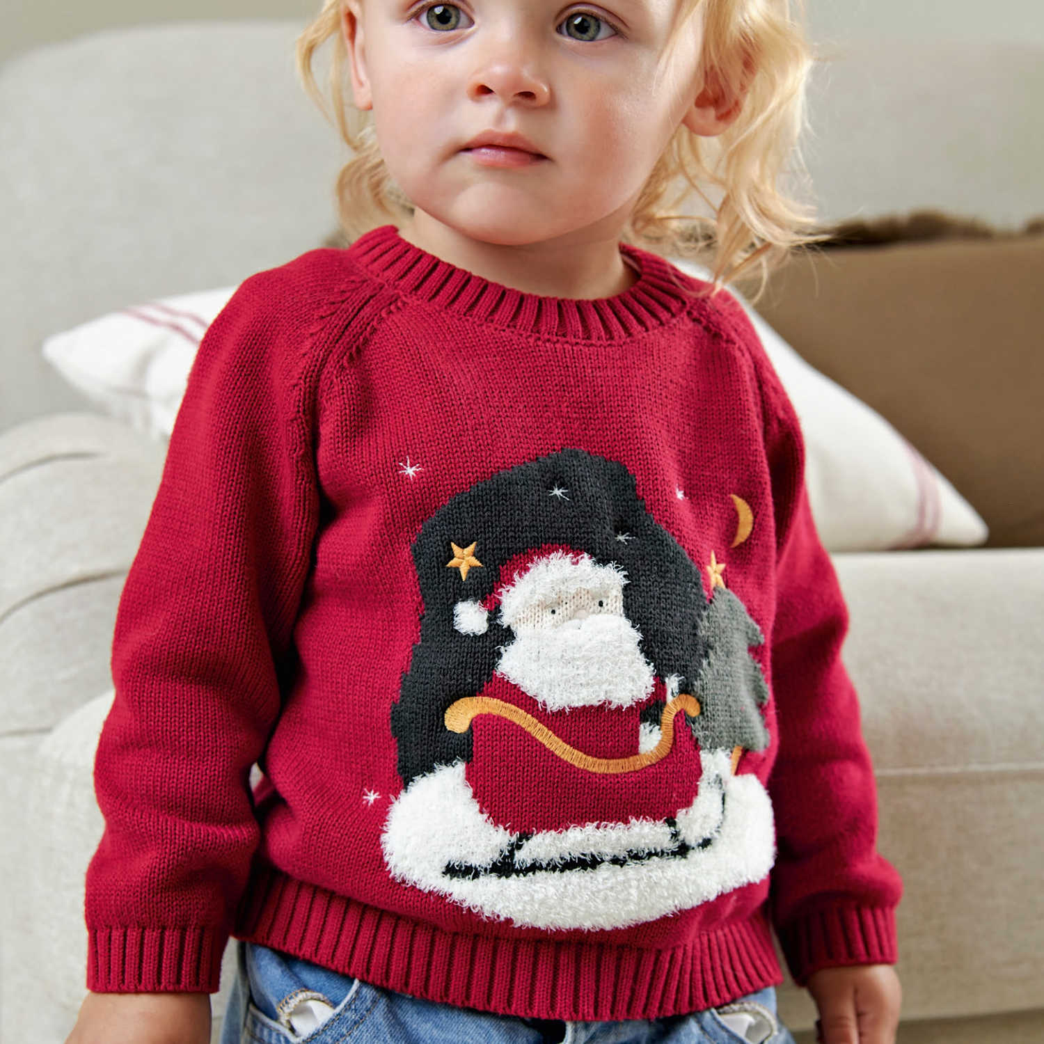 Mamas & Papas Boys Pure Cotton Santa Christmas Jumper (0-3 Yrs) - 12-18 Months - Red - Available at M&S