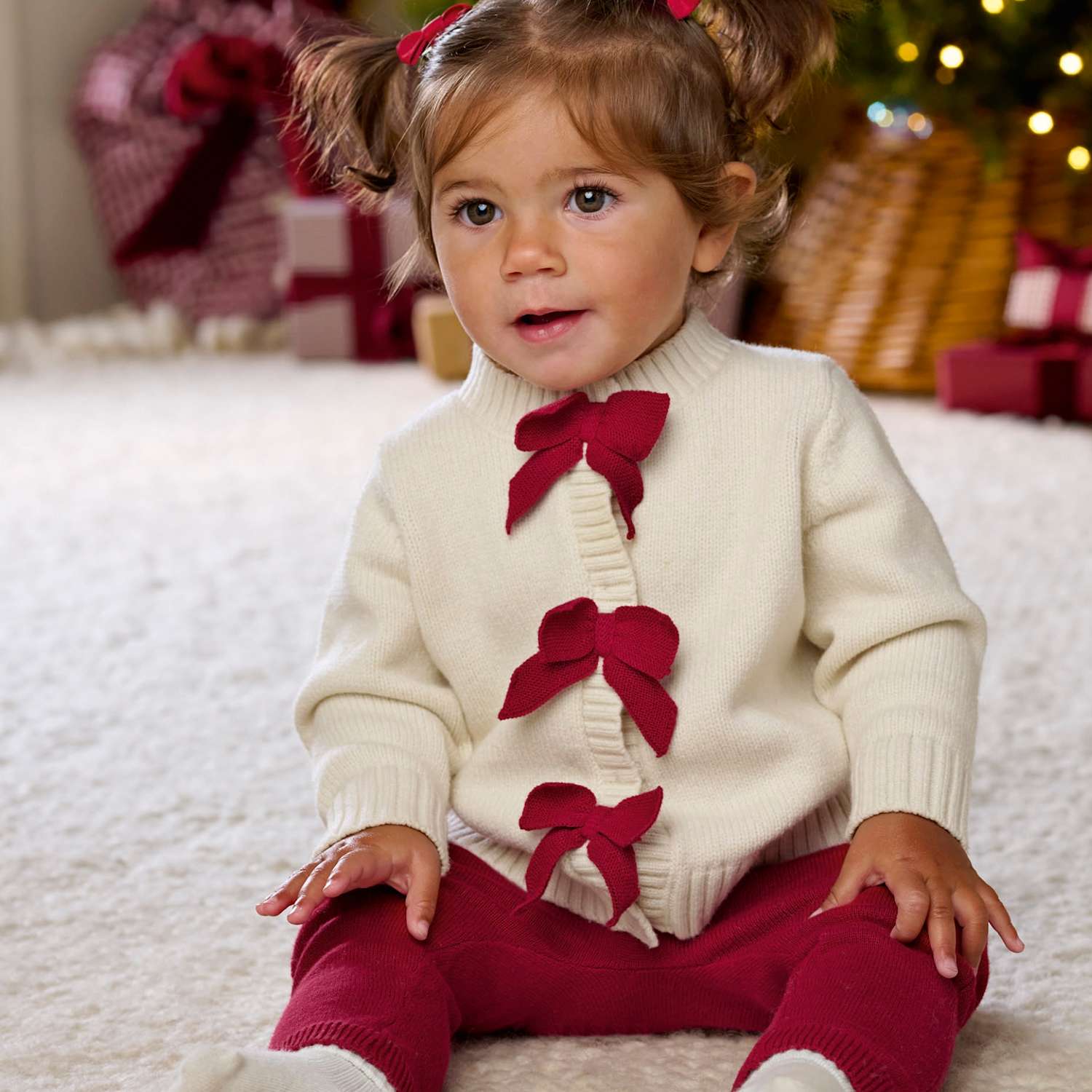 Mamas & Papas Girls Cotton Blend Christmas Cardigan & Legging Set - 3-6 Months - Red - Available at M&S