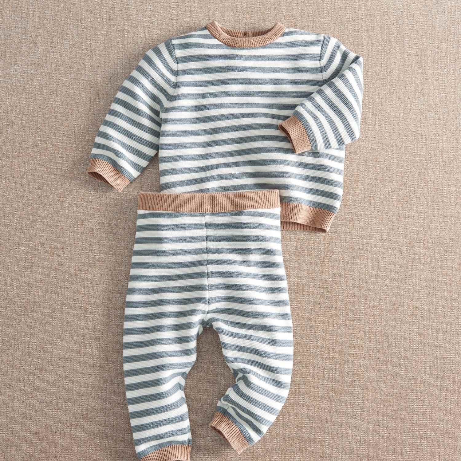 Mamas & Papas Boys Pure Cotton Striped Knitted Jumper & Bottom Set (7lbs-12 Mths) - Newborn - 1 Months - Blue - Available at M&S