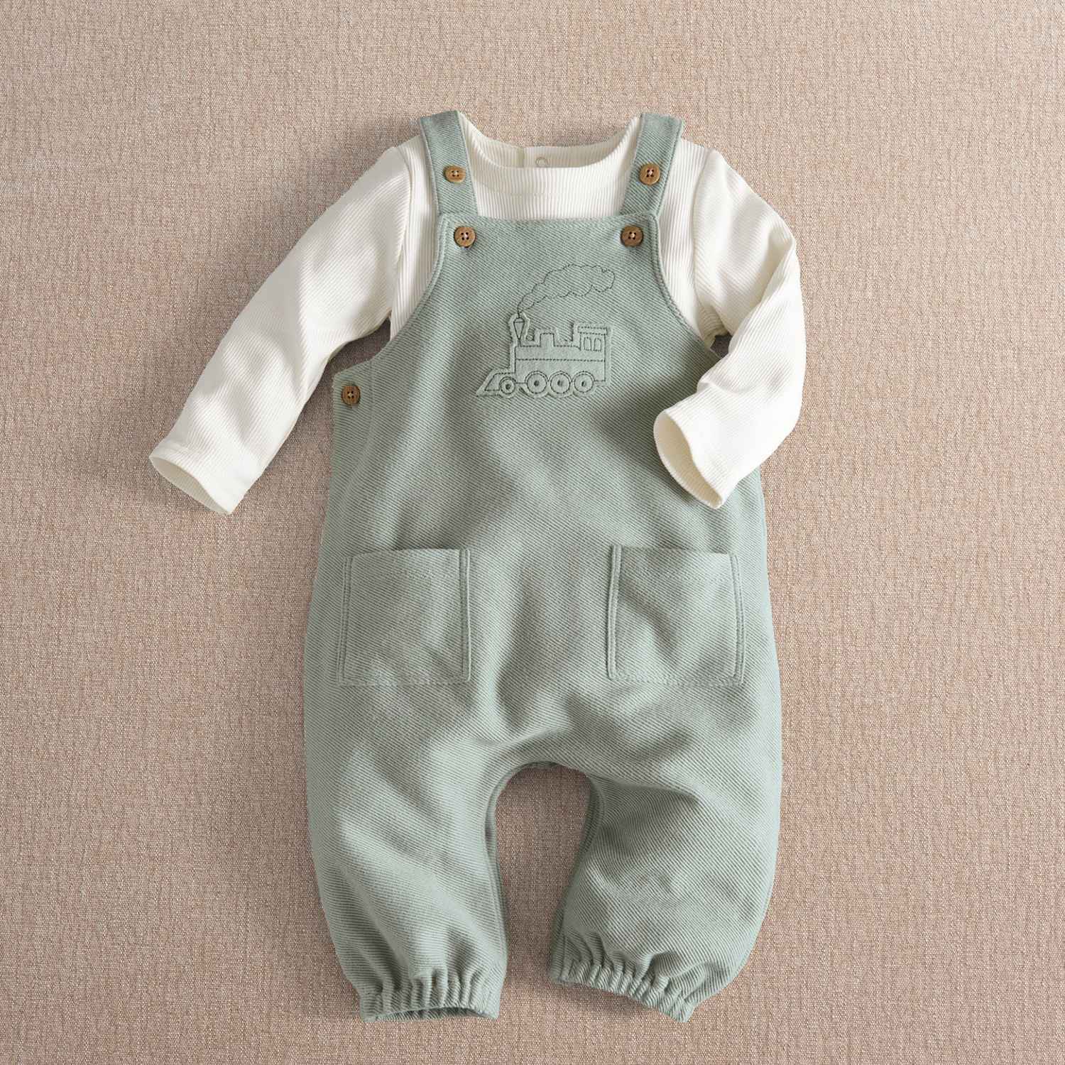 Mamas & Papas Boys Pure Cotton Tractor Dungarees & Top Set - Newborn - 1 Months - Green - Available at M&S