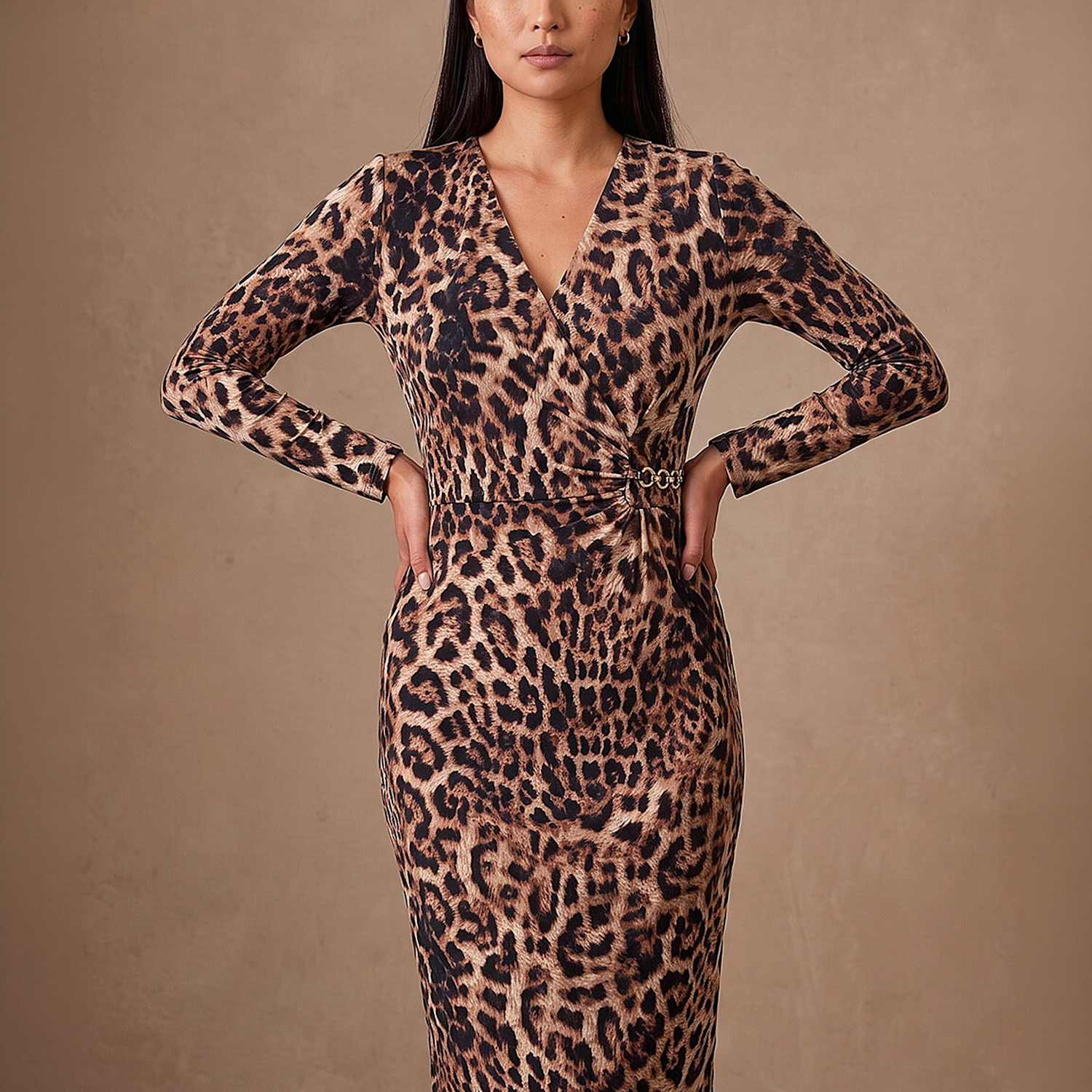 Roman Women's Animal Print V Neck Chain Detail Gathered Dress - 20 - Natural Mix - Available at M&S