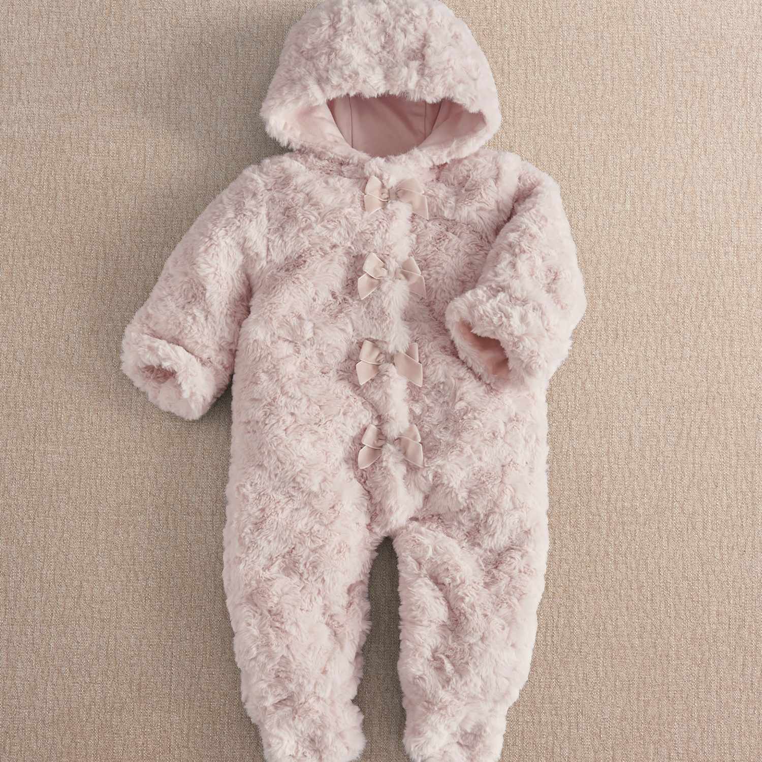 Mamas & Papas Girls Faux Fur Bow Hooded Pramsuit - 6-9 Months - Pink - Available at M&S