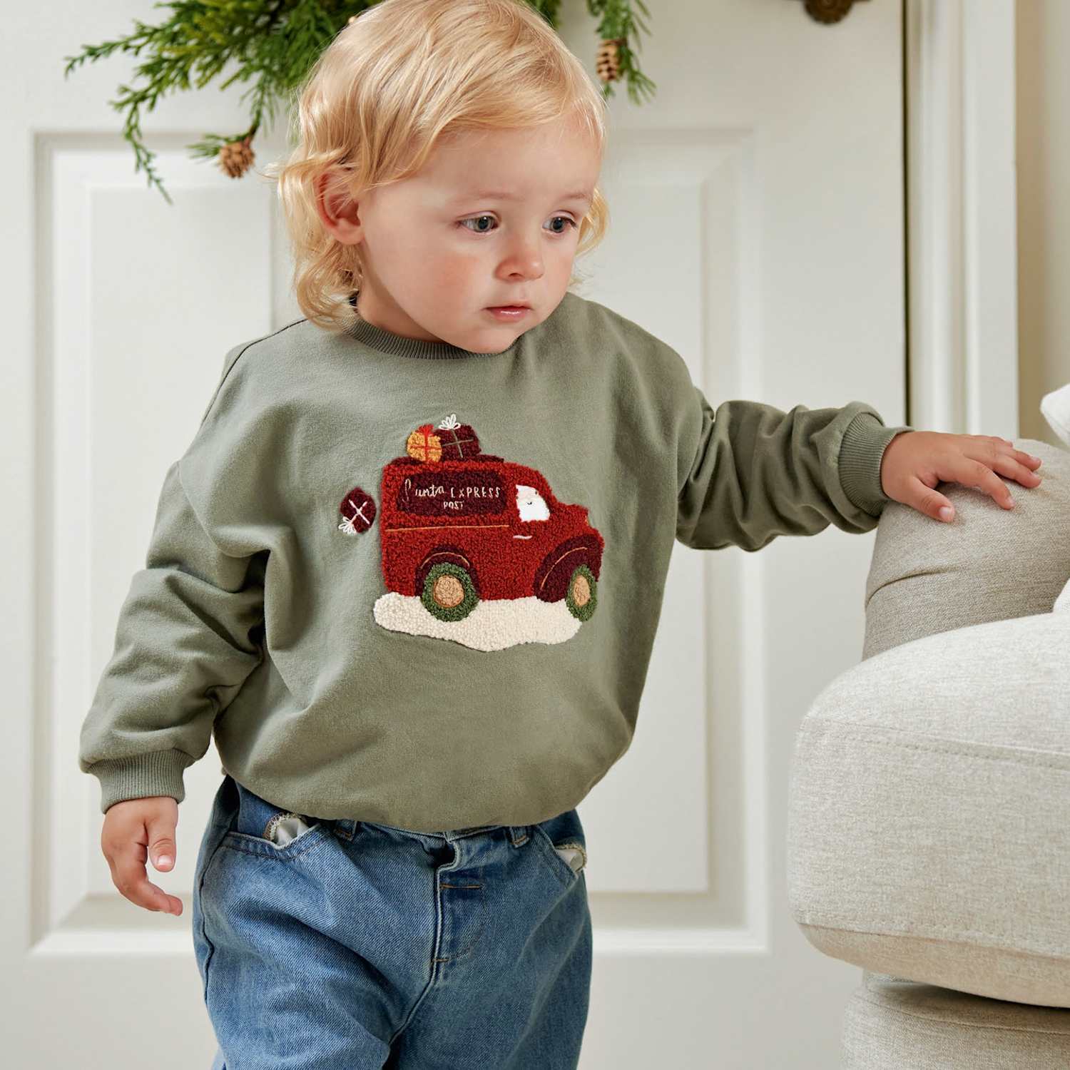 Mamas & Papas Boys Pure Cotton Christmas Sweatshirt - 18-24 Months - Green - Available at M&S