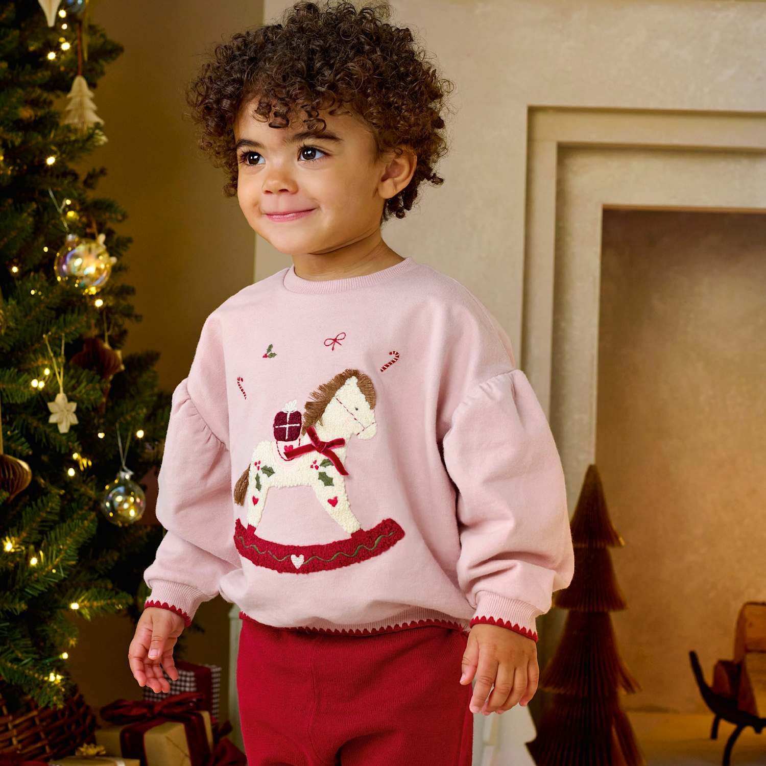 Mamas & Papas Girls Pure Cotton Rocking Horse Christmas Sweatshirt - 6-9 Months - Pink - Available at M&S