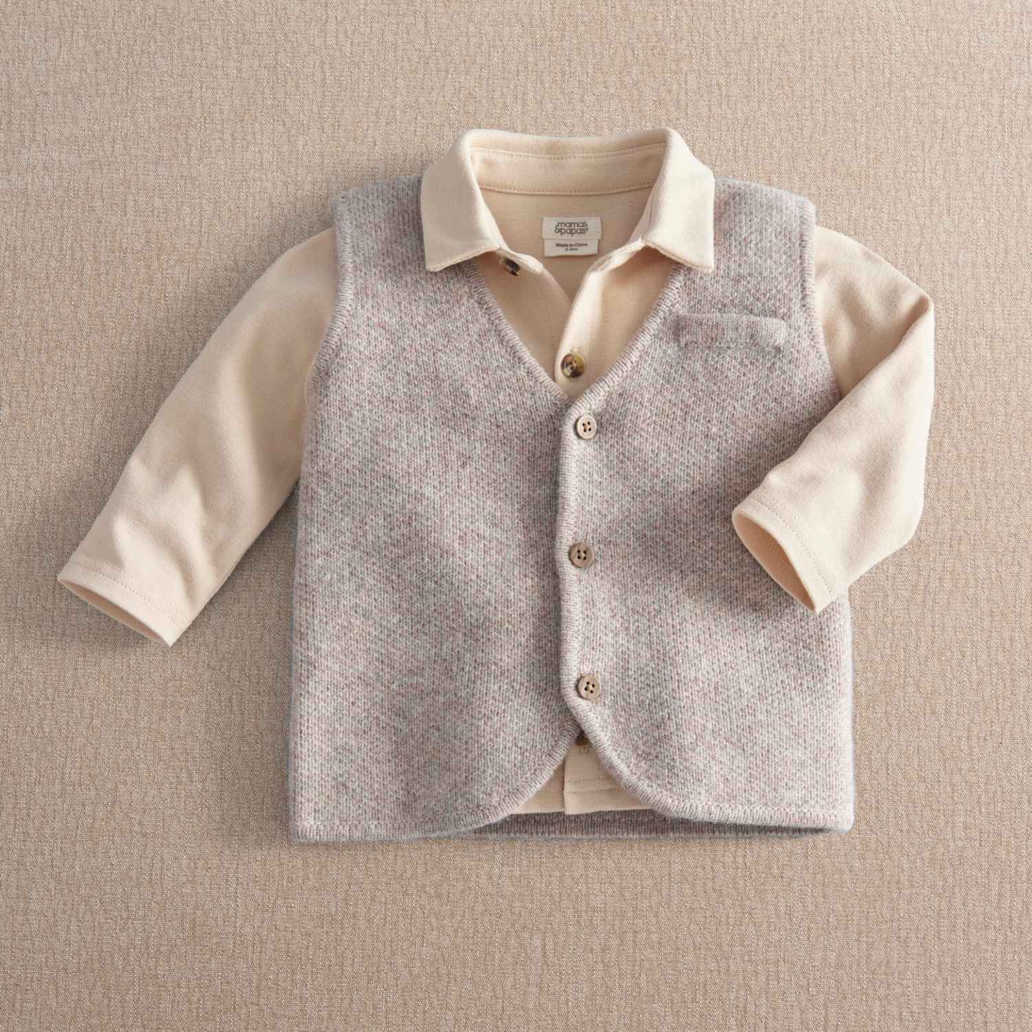 Mamas & Papas Boys Wool Blend Knitted Waistcoat & Shirt Set (3 Mths-3 Yrs) - 2-3 Years - Oatmeal Mix - Available at M&S