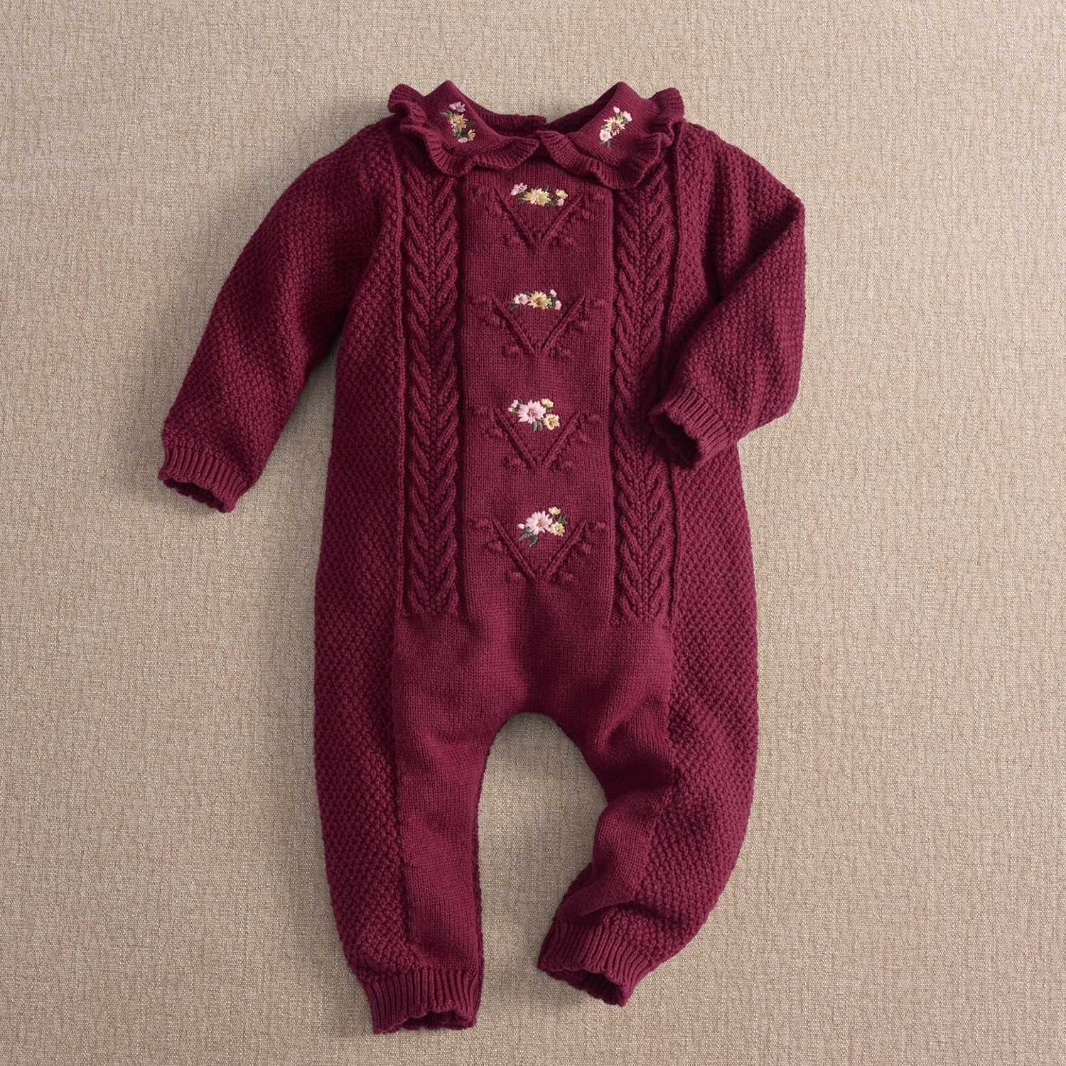Mamas & Papas Girls Pure Cotton Flower Embroidered Knitted Romper - Newborn - 1 Months - Burgundy - Available at M&S